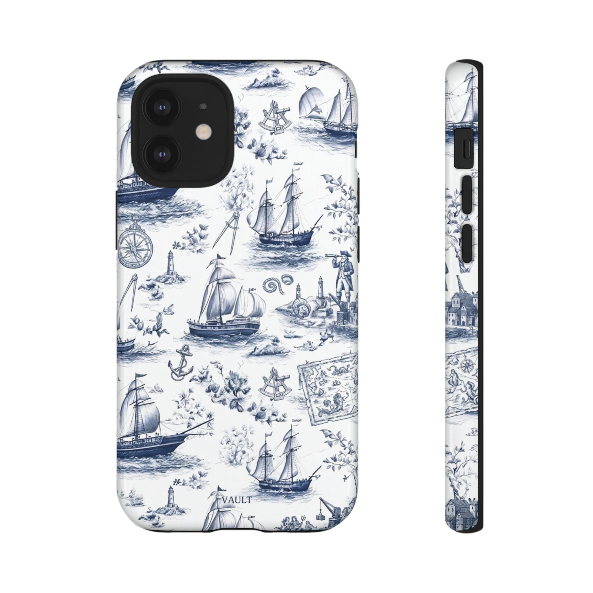 Nautical Vintage Ship Tough Phone Case — Blue Toile Sailboat Pattern