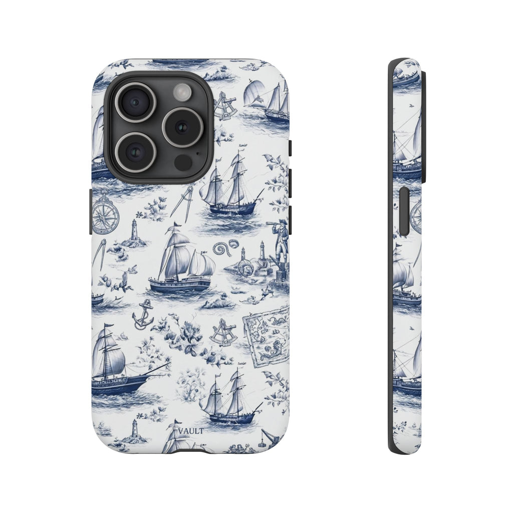 Nautical Vintage Ship Tough Phone Case — Blue Toile Sailboat Pattern
