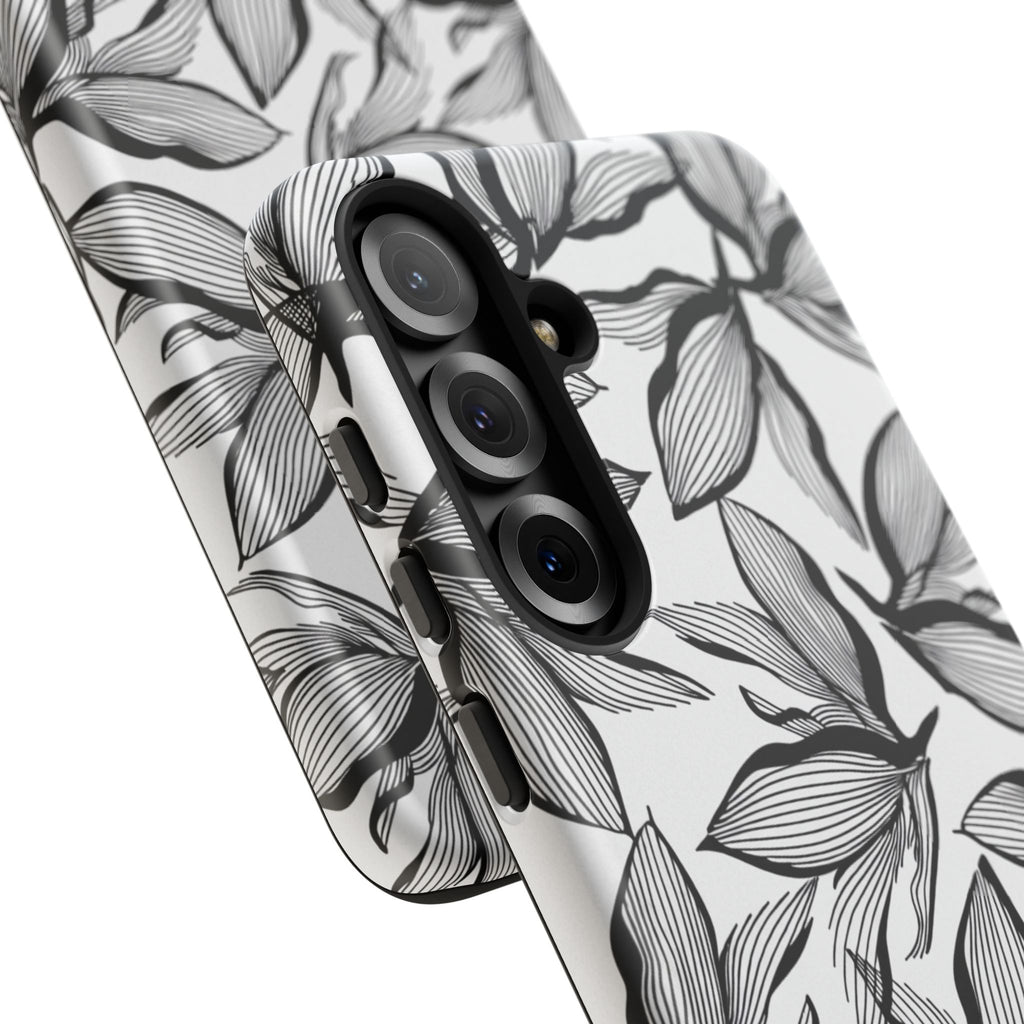Floral Leaves Tough Phone Case – Black & White Botanical Protection
