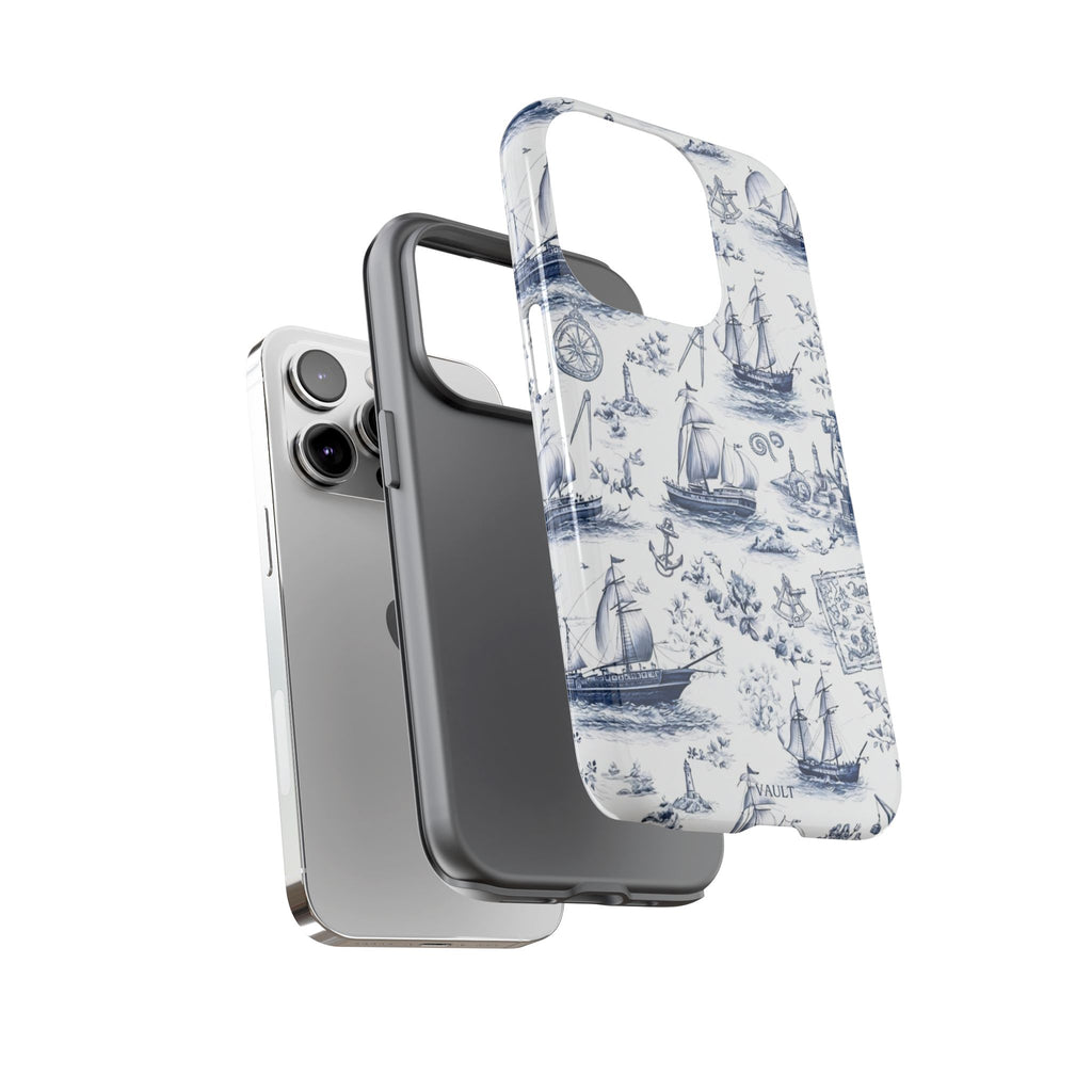 Nautical Vintage Ship Tough Phone Case — Blue Toile Sailboat Pattern