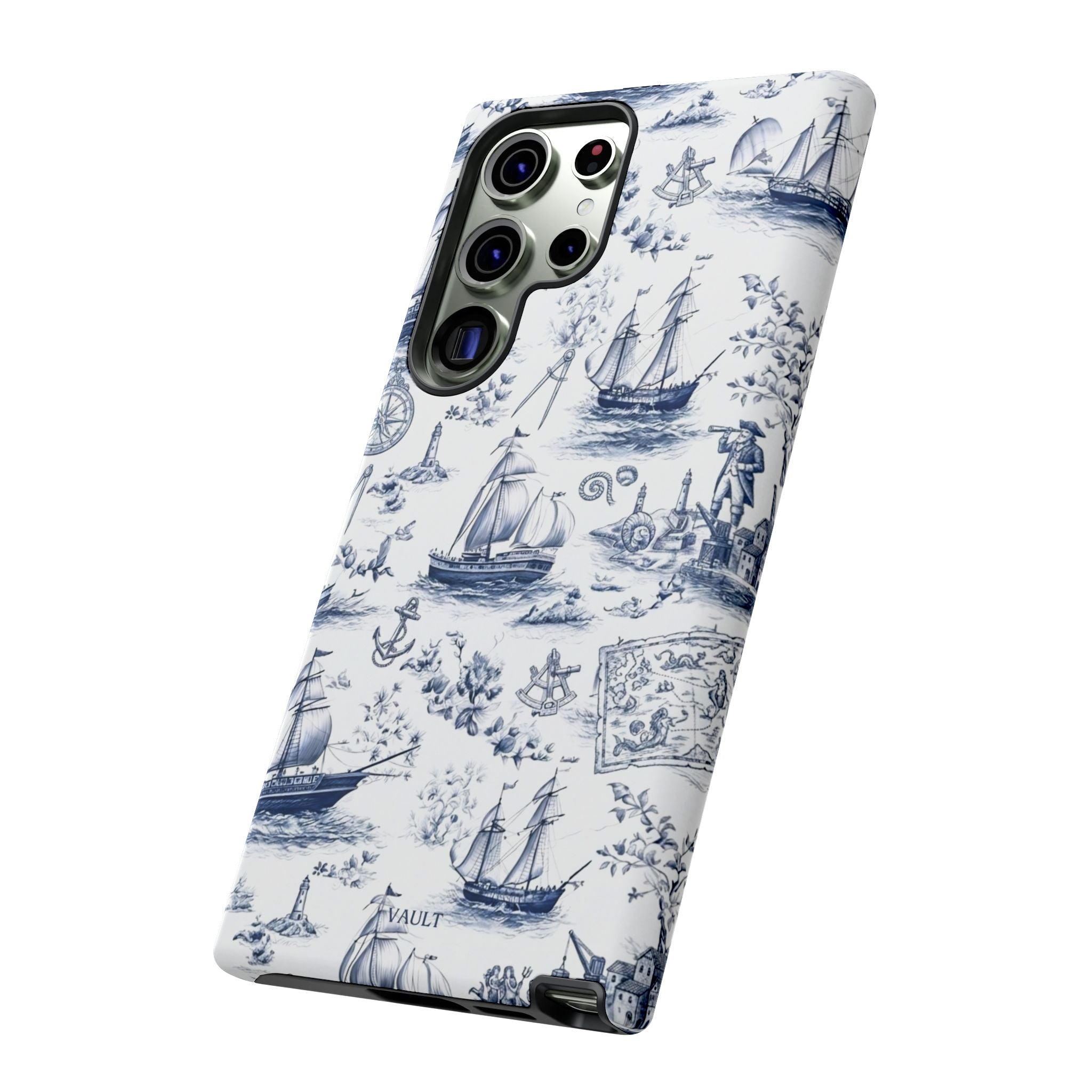 Nautical Vintage Ship Tough Phone Case — Blue Toile Sailboat Pattern