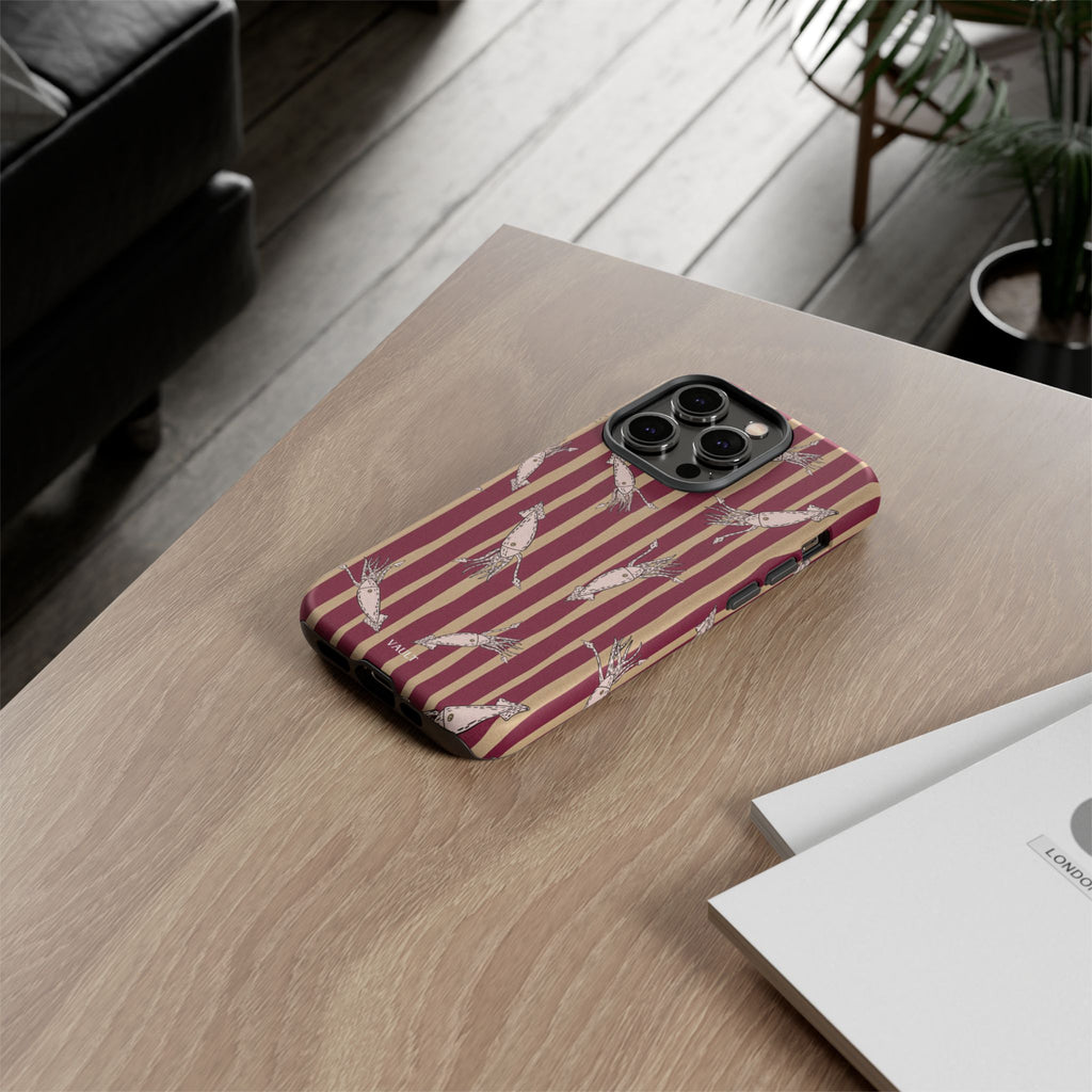 Phone Case - Vintage Shrimp Pattern on Burgundy Stripes