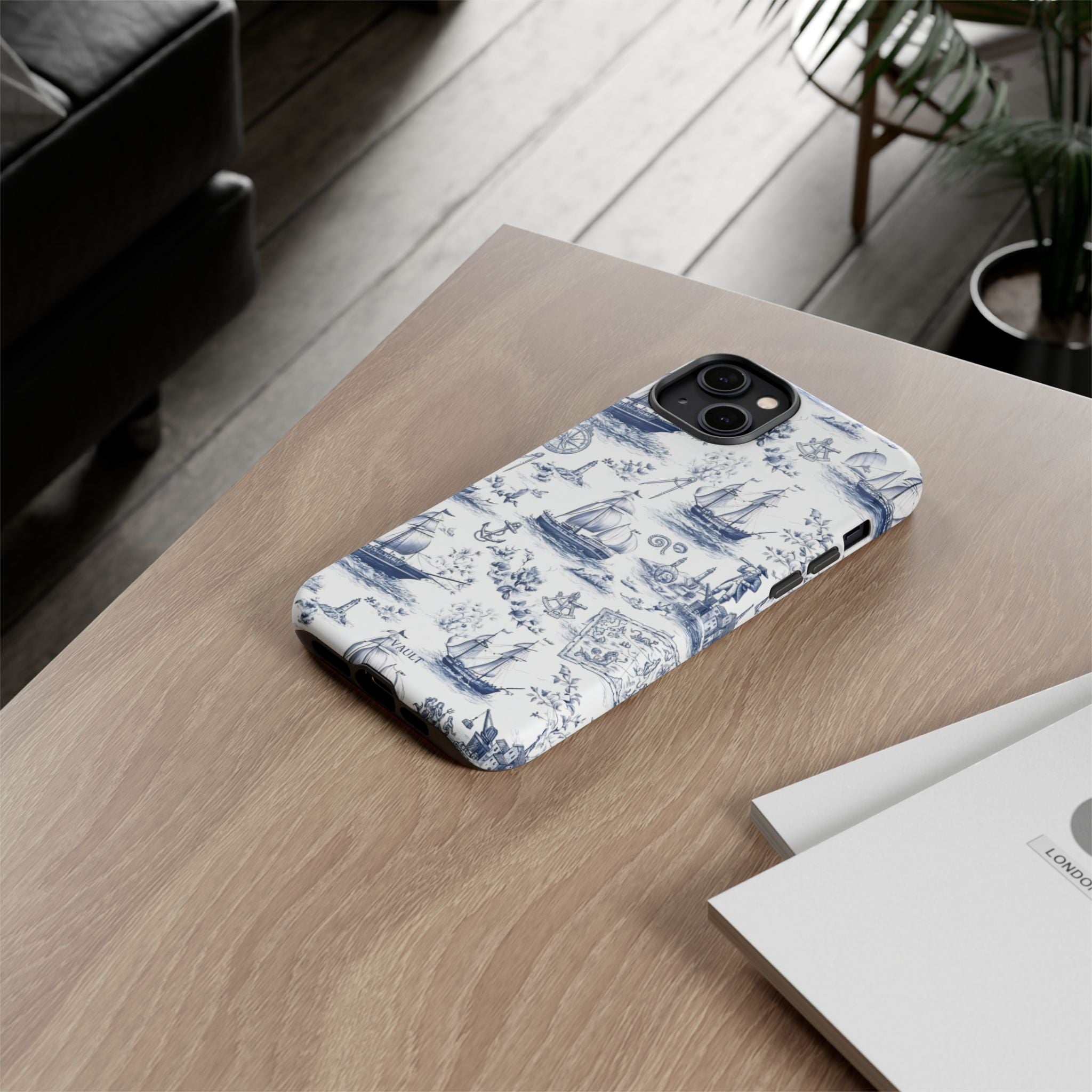Nautical Vintage Ship Tough Phone Case — Blue Toile Sailboat Pattern