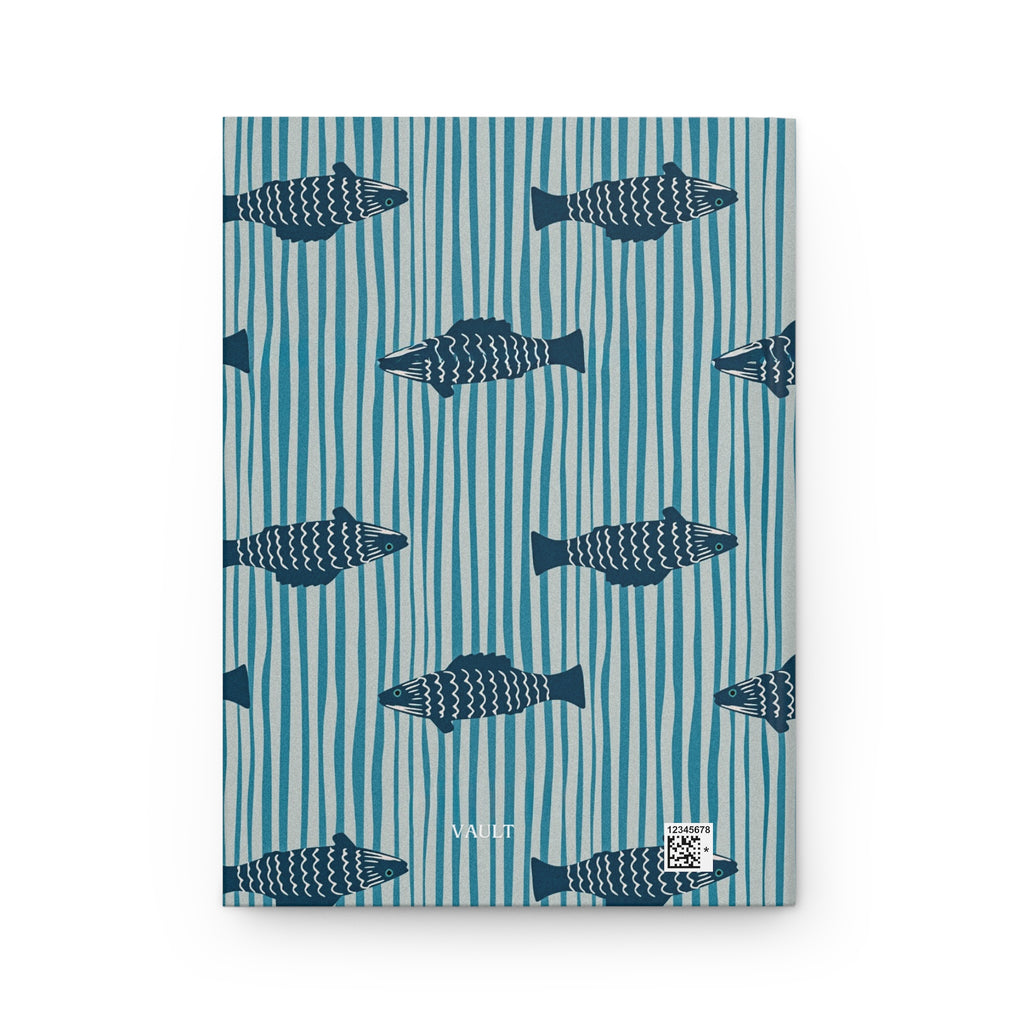 Fish Pattern Hardcover Journal — Nautical Blue Striped Notebook