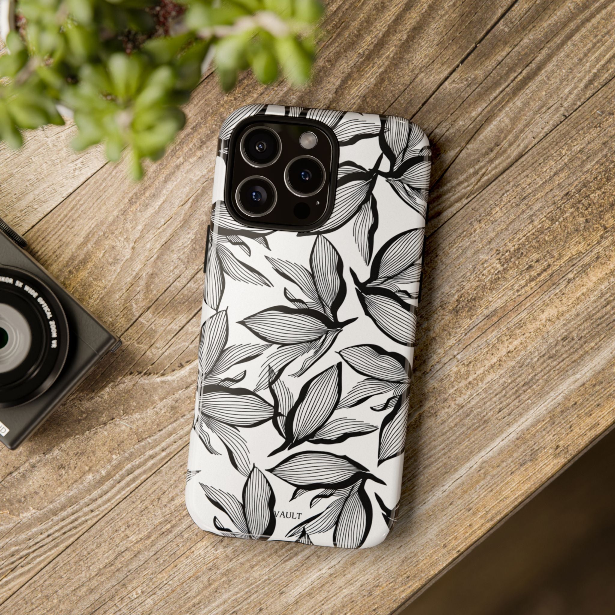 Floral Leaves Tough Phone Case – Black & White Botanical Protection