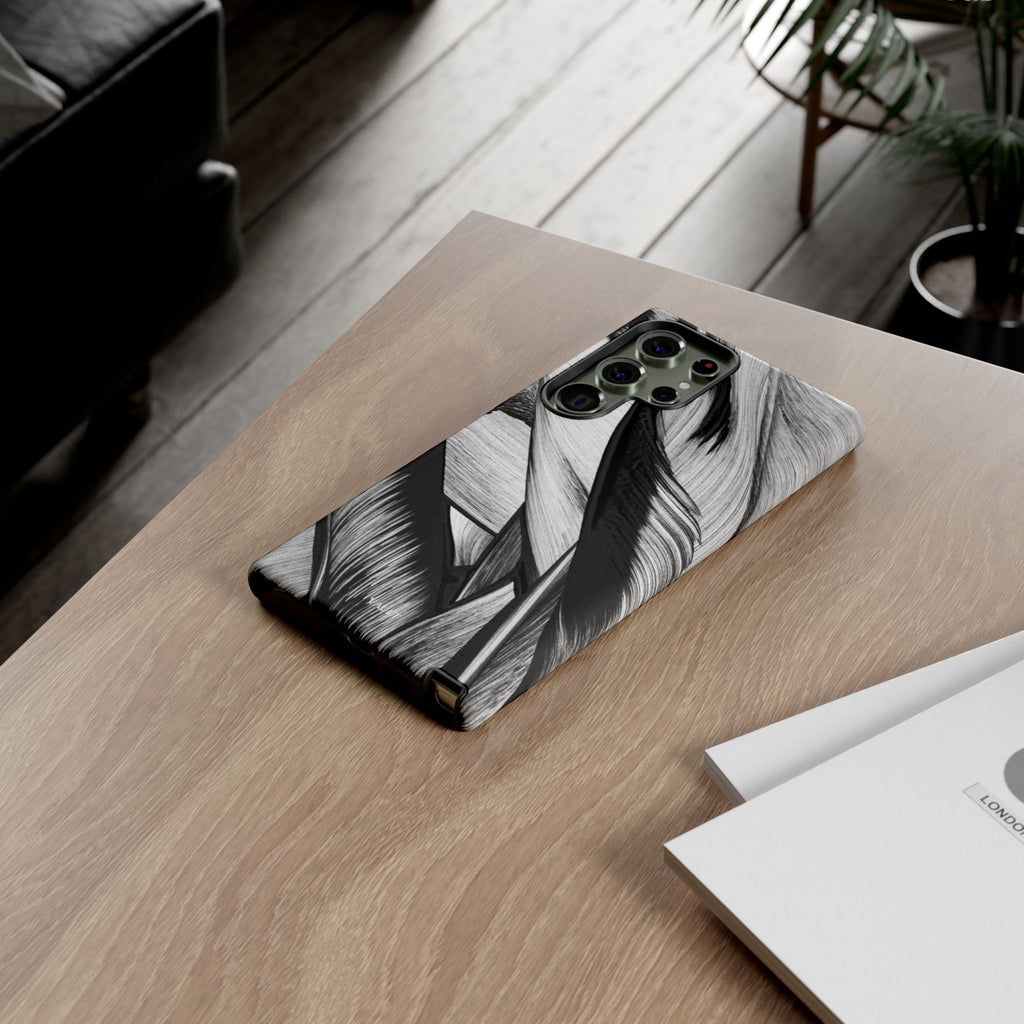 Monochrome Tropical Leaf Tough Phone Case — Black & White Botanical Protective Cover