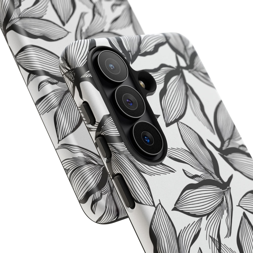 Floral Leaves Tough Phone Case – Black & White Botanical Protection