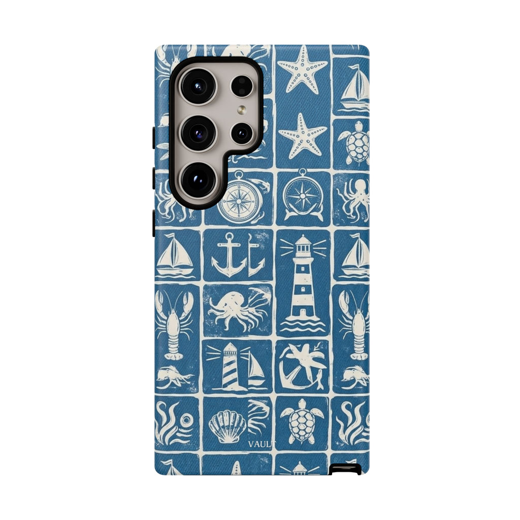 Nautical Tile Phone Case — Blue Coastal Icons (lighthouse, anchor, seashells)