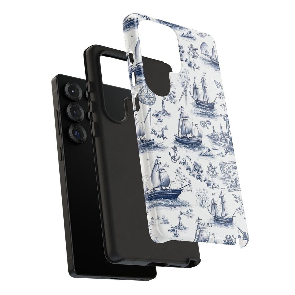 Nautical Vintage Ship Tough Phone Case — Blue Toile Sailboat Pattern