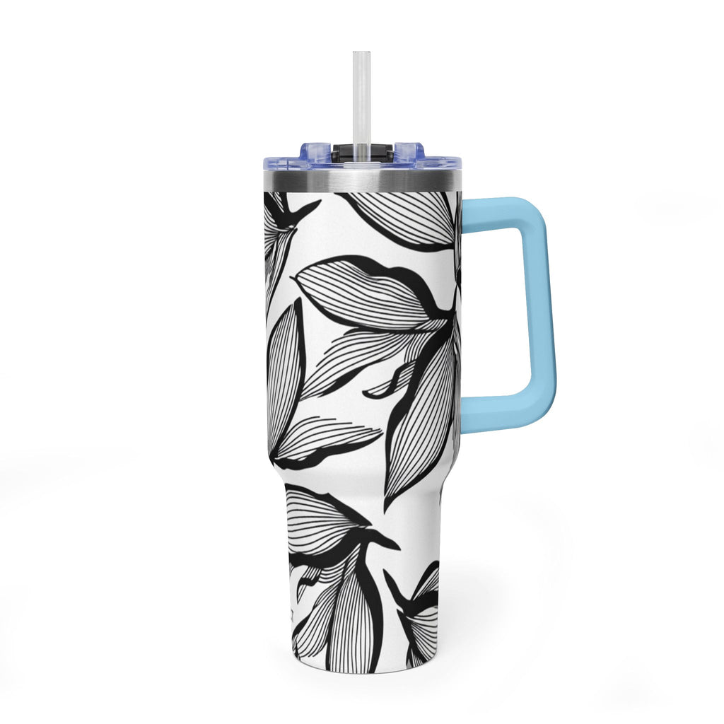 40oz Floral Thermal Tumbler – Black & White Leaf Pattern Vacuum Insulated