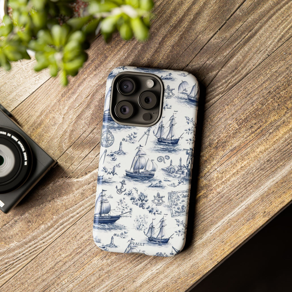 Nautical Vintage Ship Tough Phone Case — Blue Toile Sailboat Pattern