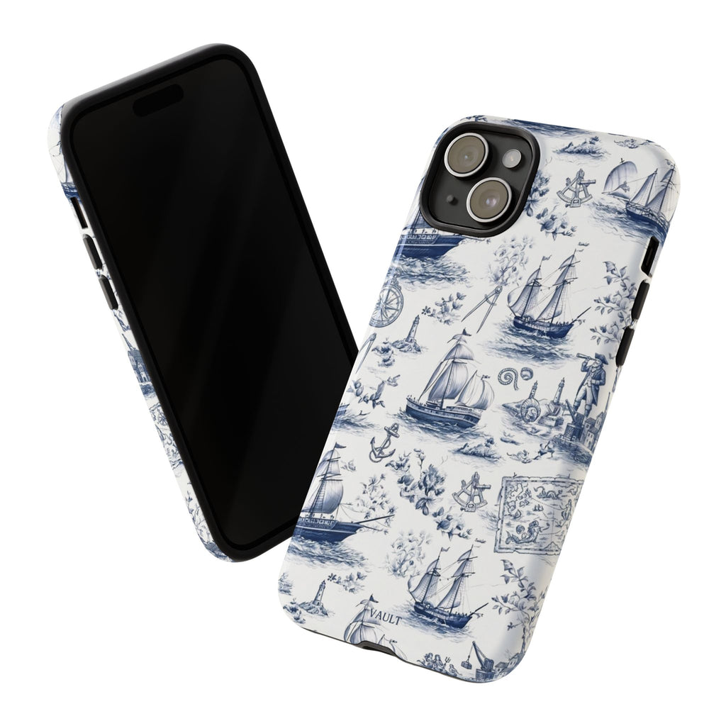 Nautical Vintage Ship Tough Phone Case — Blue Toile Sailboat Pattern