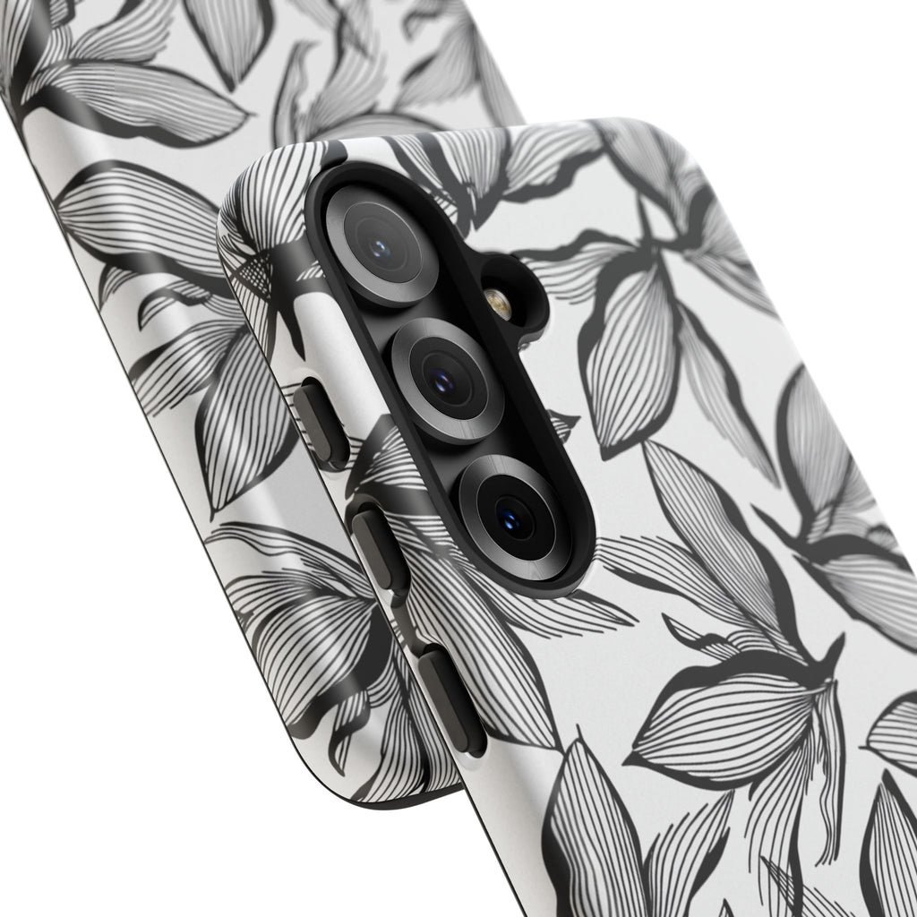 Floral Leaves Tough Phone Case – Black & White Botanical Protection