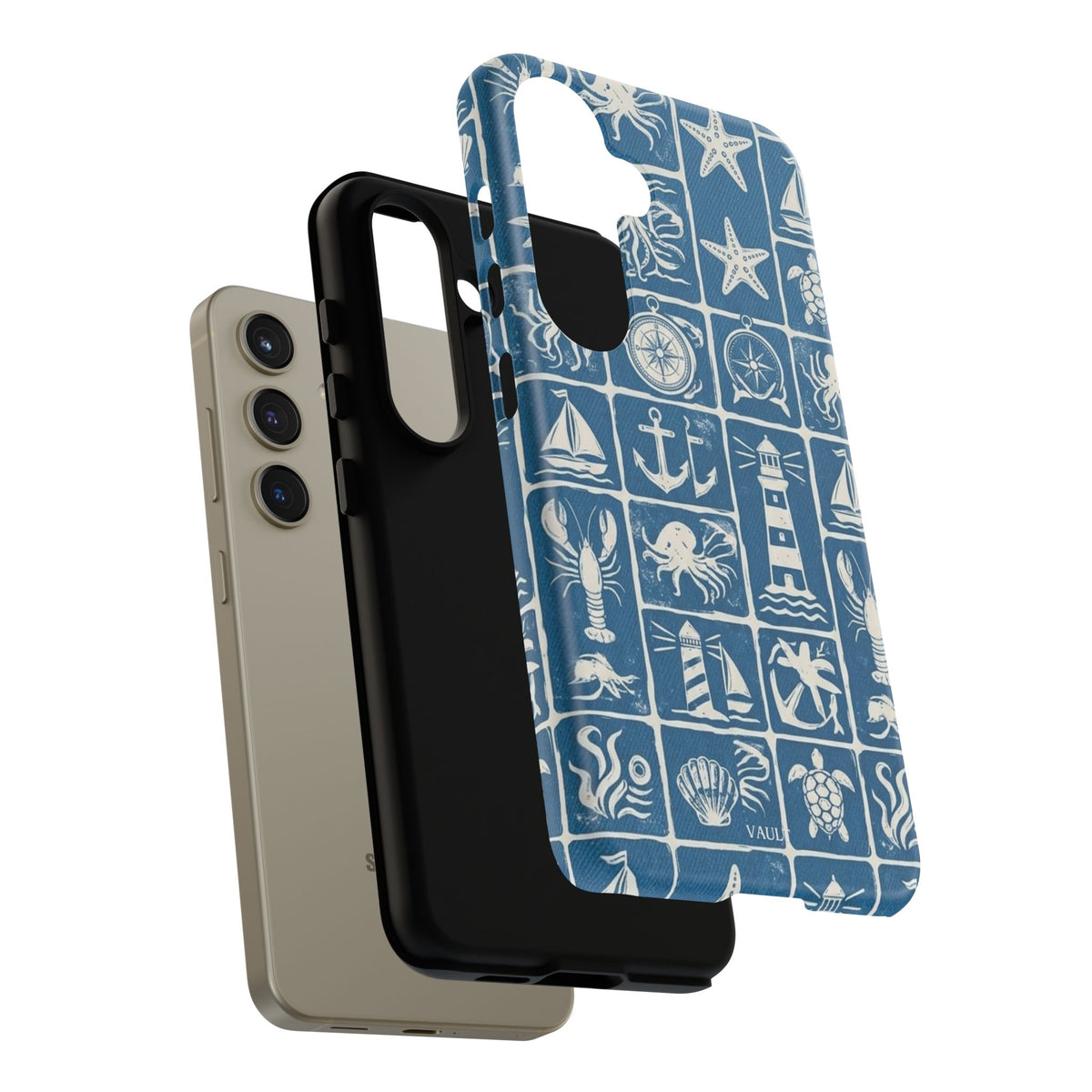 Nautical Tile Phone Case — Blue Coastal Icons (lighthouse, anchor, seashells)