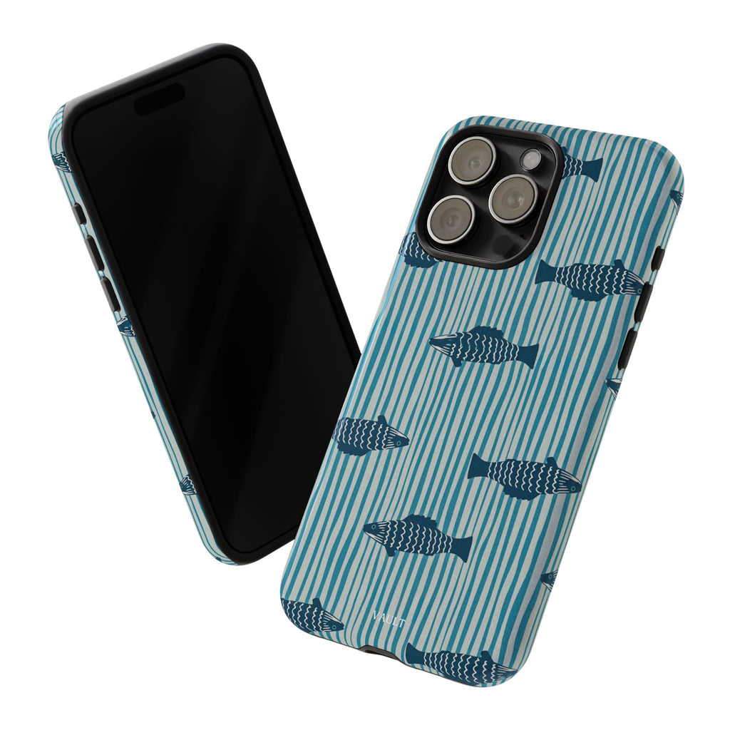 Fish Pattern Tough Phone Case — Blue Striped Ocean Design