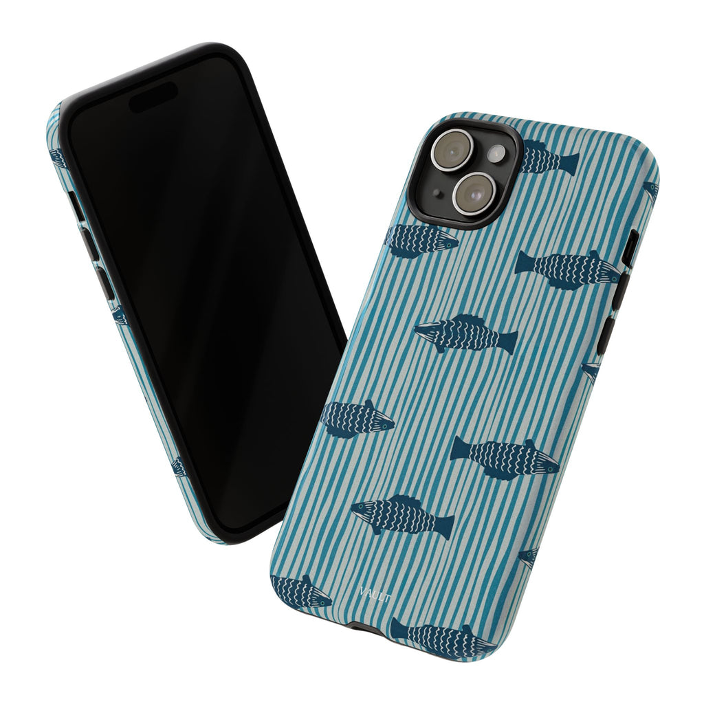 Fish Pattern Tough Phone Case — Blue Striped Ocean Design