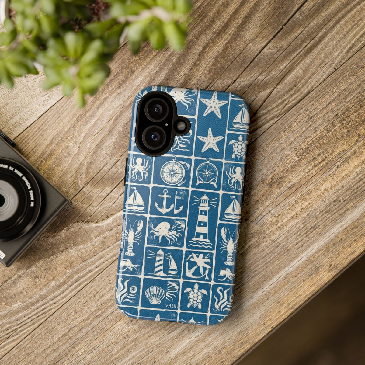 Nautical Tile Phone Case — Blue Coastal Icons (lighthouse, anchor, seashells)
