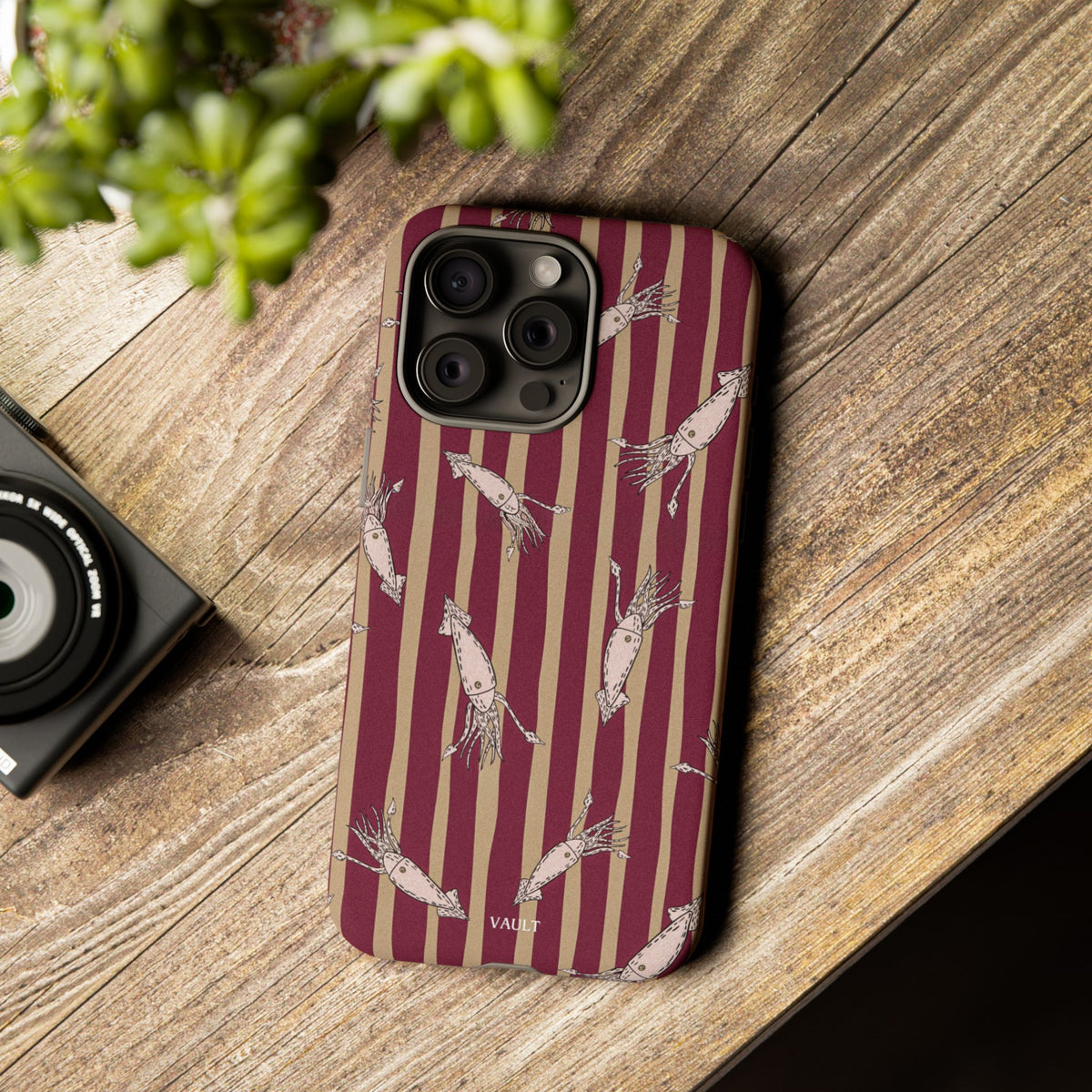 Phone Case - Vintage Shrimp Pattern on Burgundy Stripes