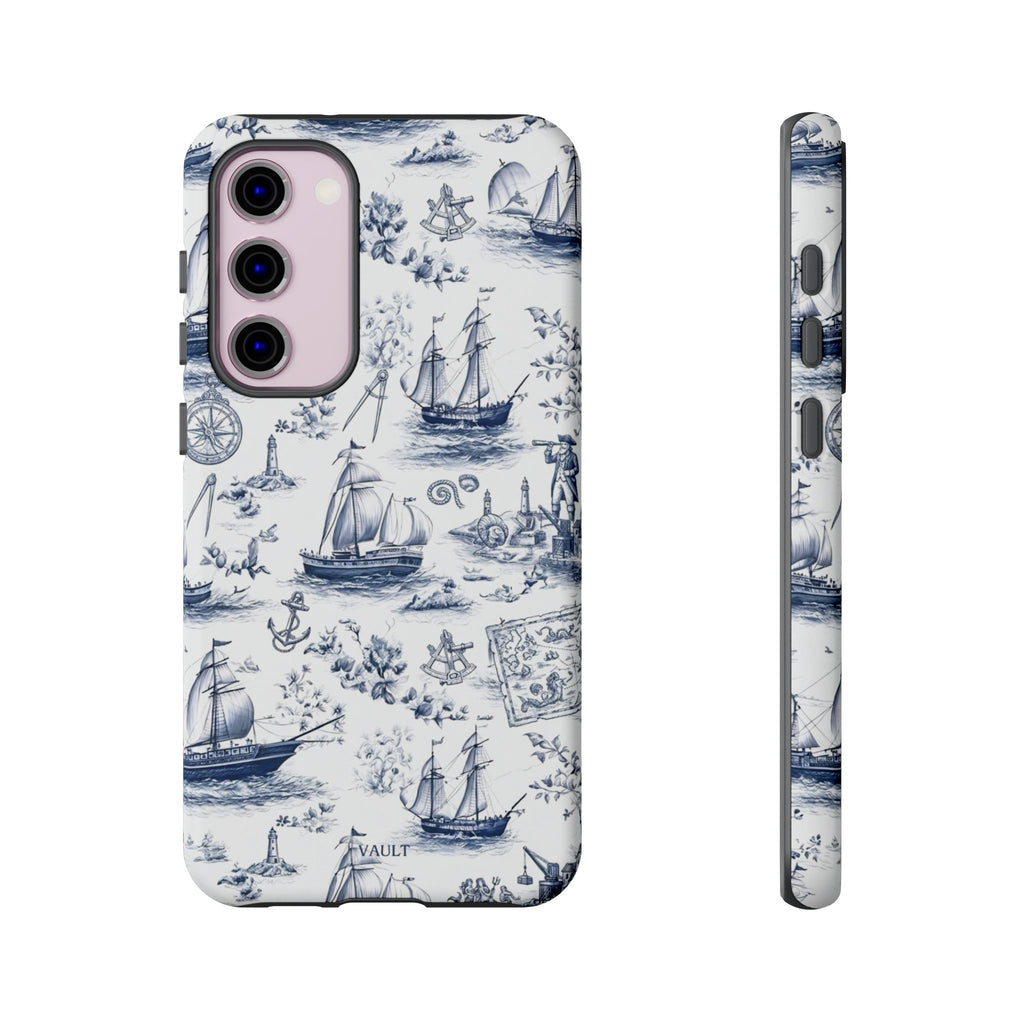 Nautical Vintage Ship Tough Phone Case — Blue Toile Sailboat Pattern