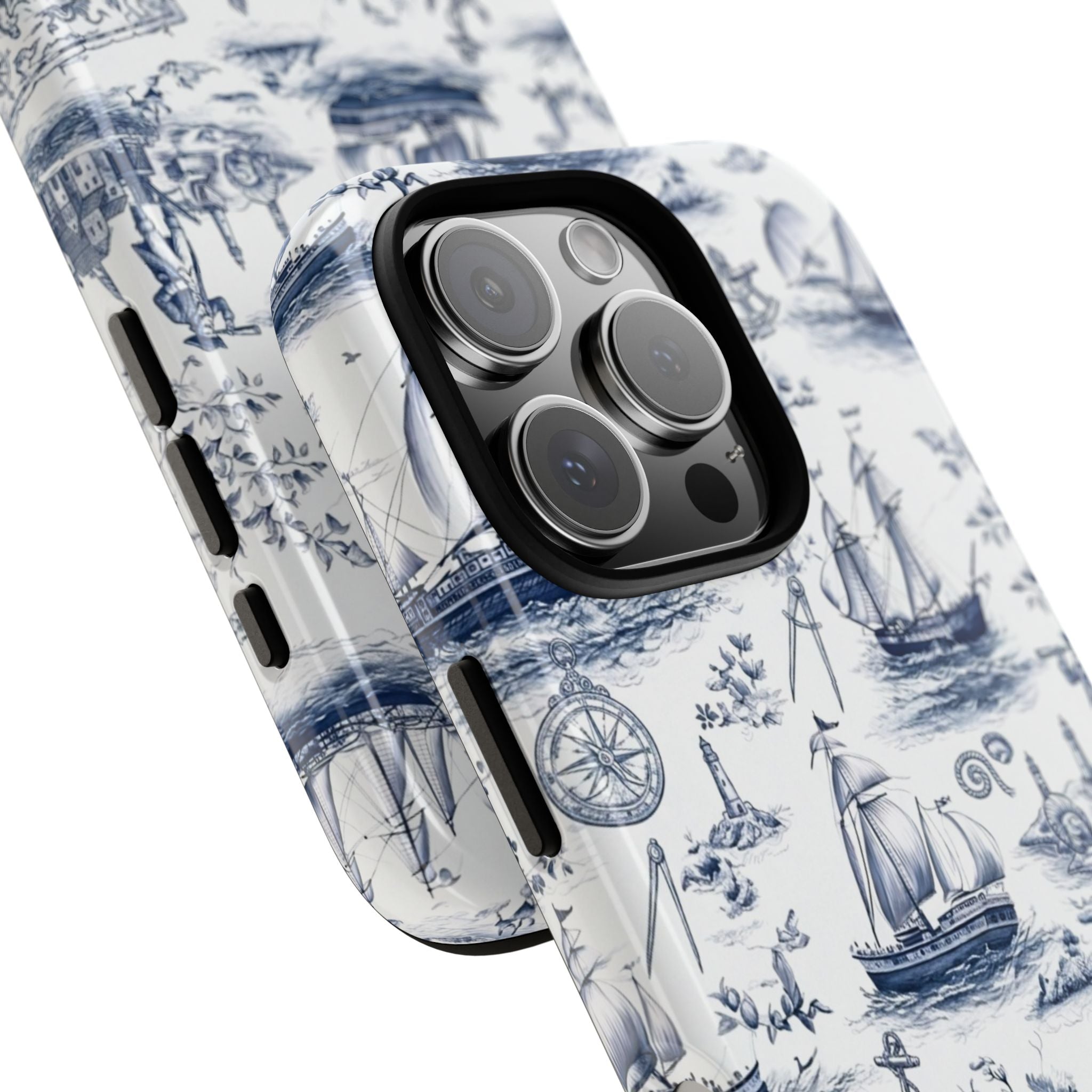 Nautical Vintage Ship Tough Phone Case — Blue Toile Sailboat Pattern