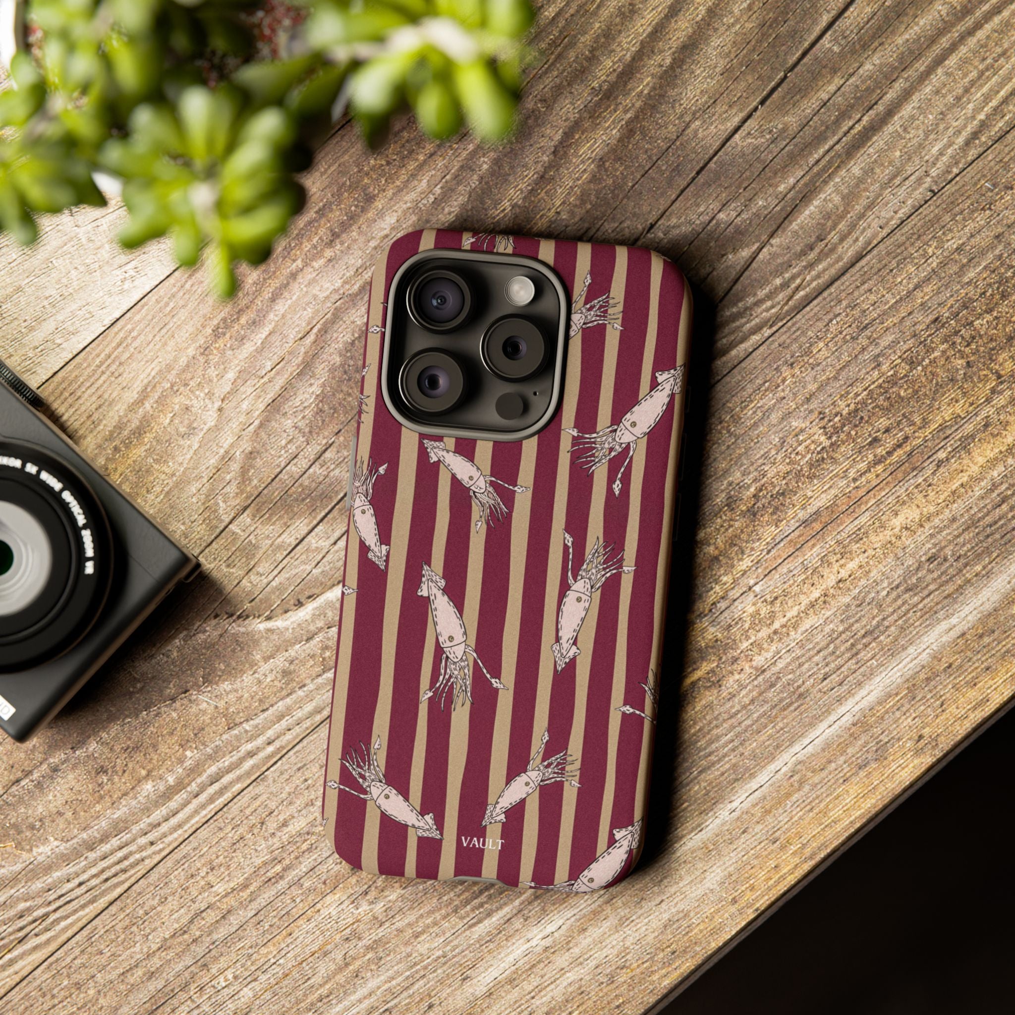 Phone Case - Vintage Shrimp Pattern on Burgundy Stripes