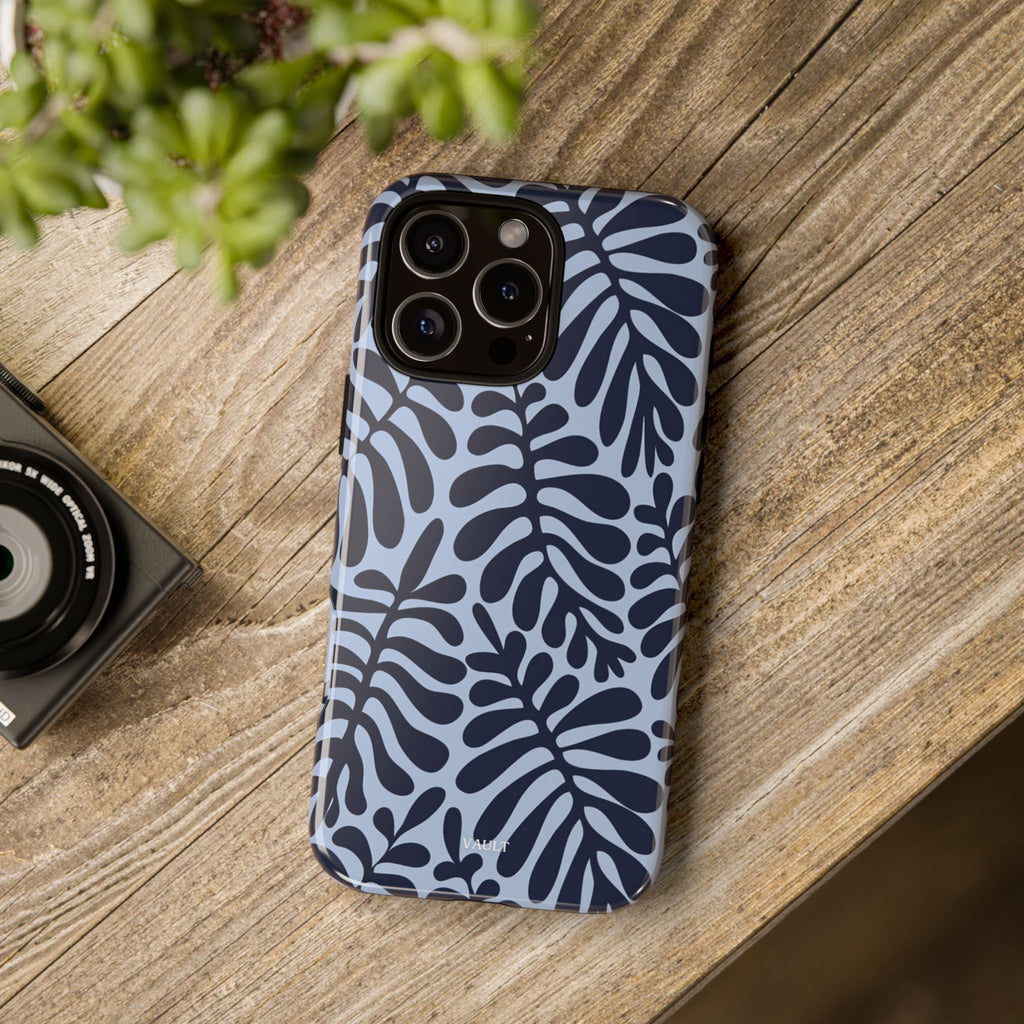 Floral Fern Tough Phone Case – Navy Blue on Light Blue, Protective Slim Cover