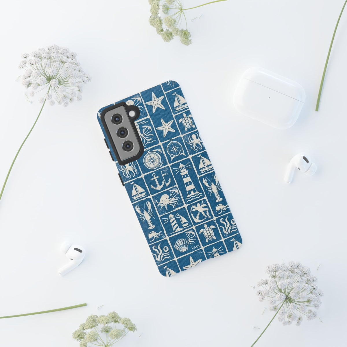 Nautical Tile Phone Case — Blue Coastal Icons (lighthouse, anchor, seashells)