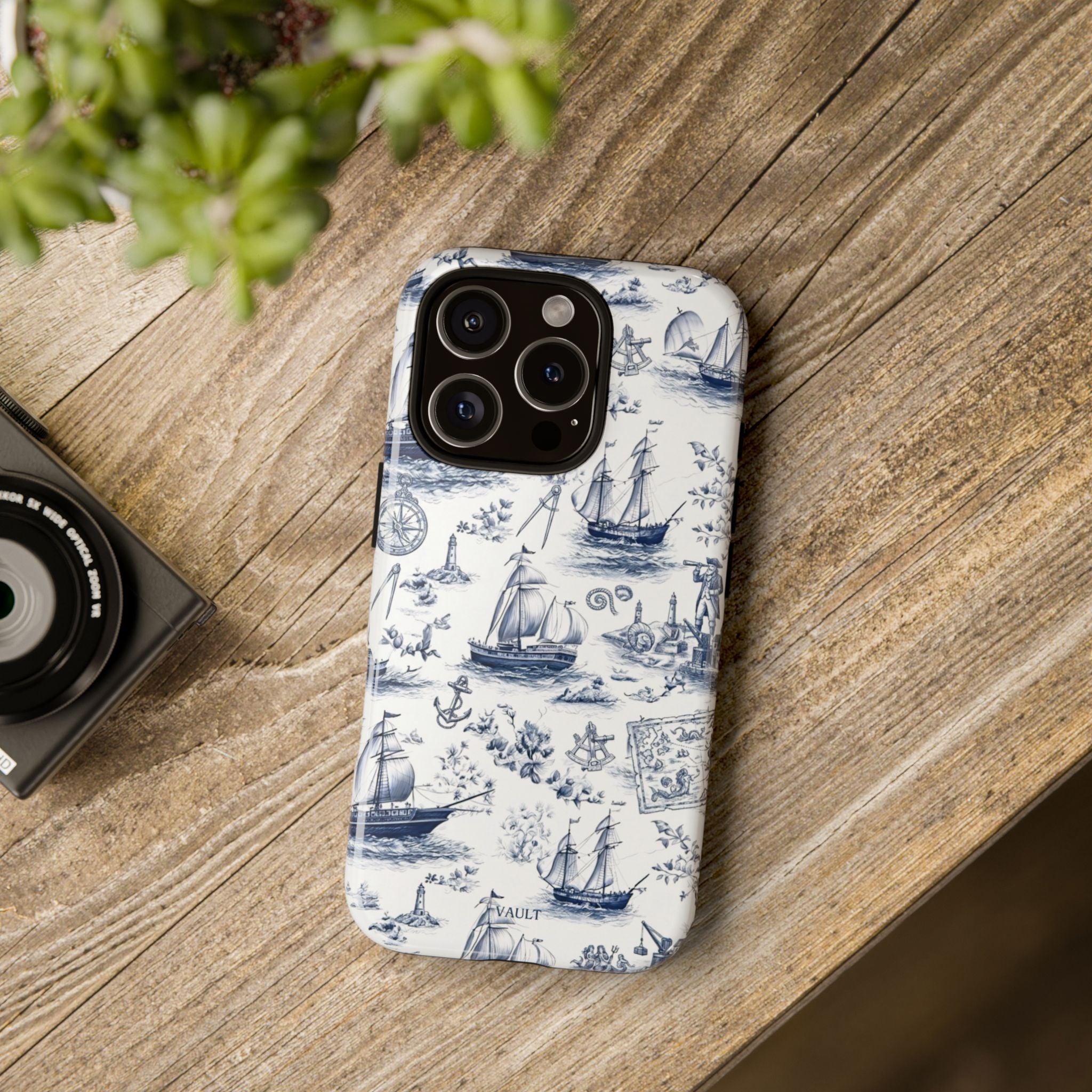 Nautical Vintage Ship Tough Phone Case — Blue Toile Sailboat Pattern
