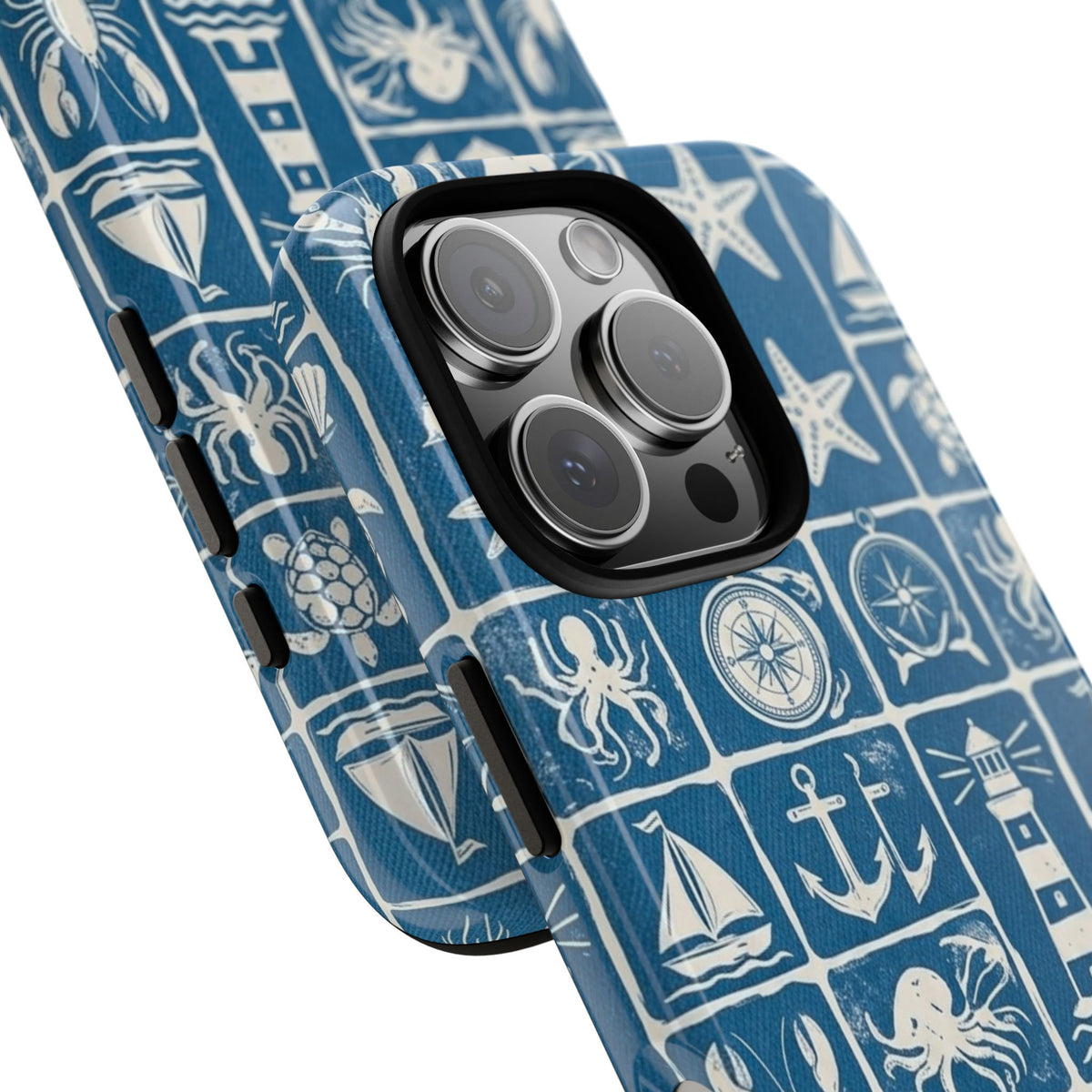 Nautical Tile Phone Case — Blue Coastal Icons (lighthouse, anchor, seashells)