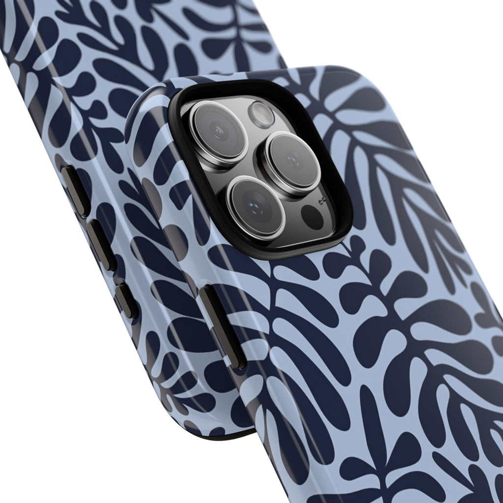Floral Fern Tough Phone Case – Navy Blue on Light Blue, Protective Slim Cover