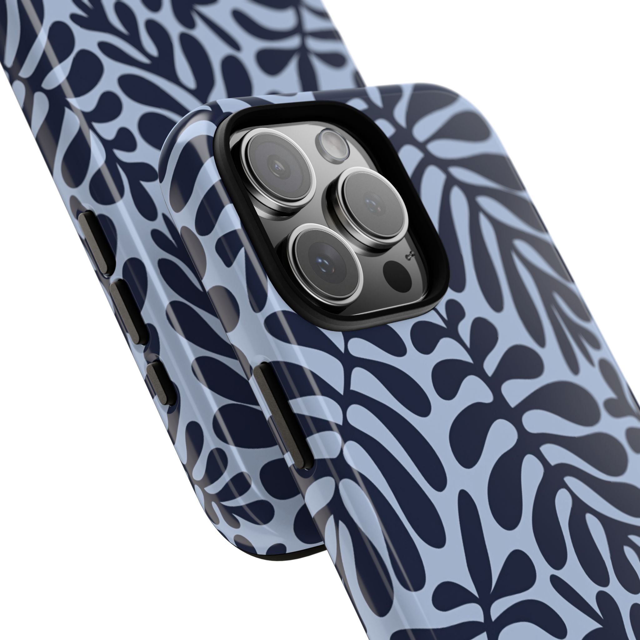 Floral Fern Tough Phone Case – Navy Blue on Light Blue, Protective Slim Cover
