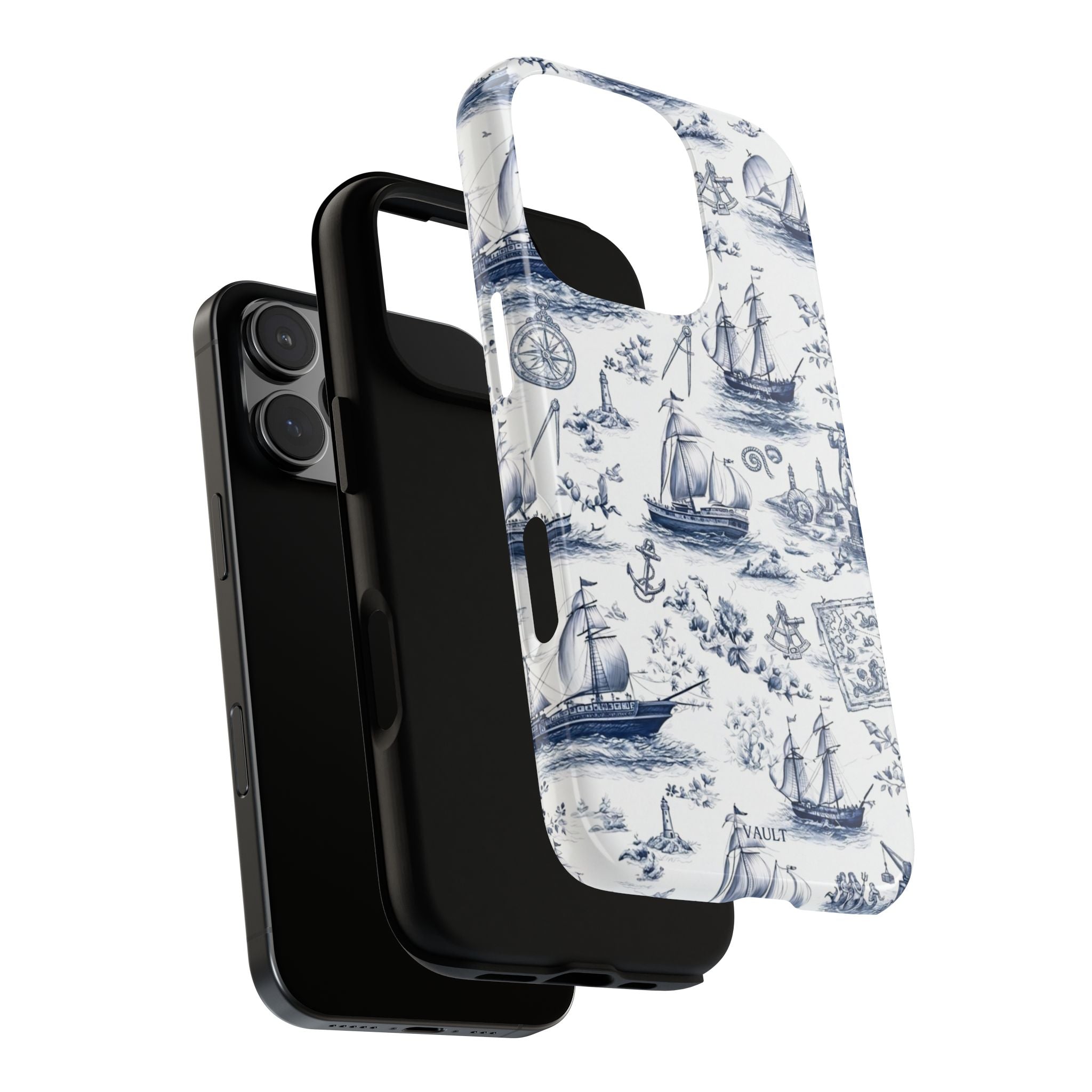 Nautical Vintage Ship Tough Phone Case — Blue Toile Sailboat Pattern