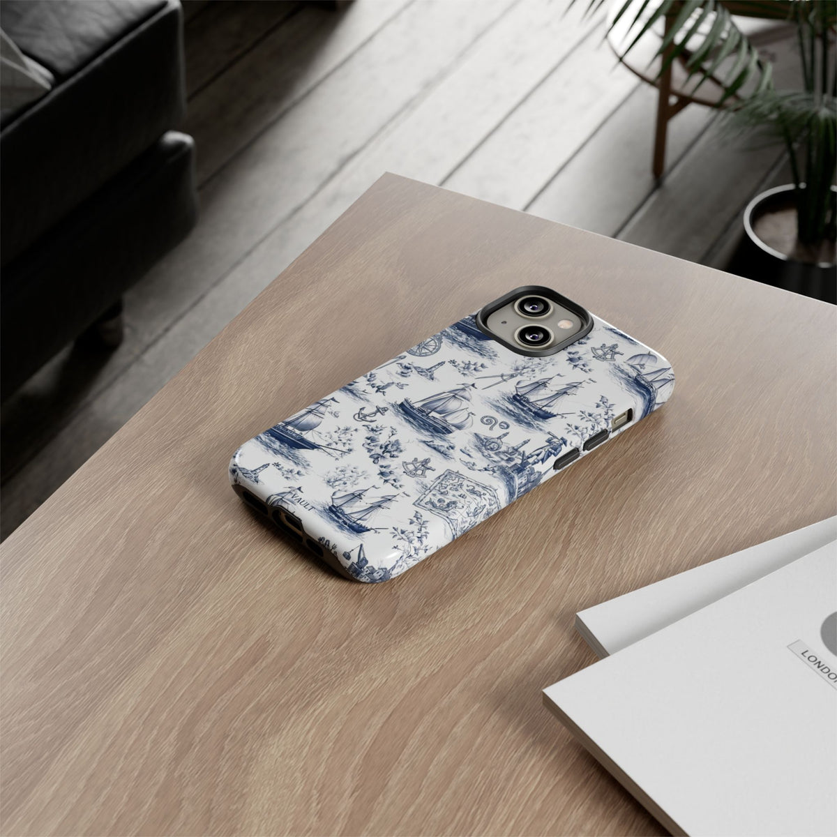 Nautical Vintage Ship Tough Phone Case — Blue Toile Sailboat Pattern