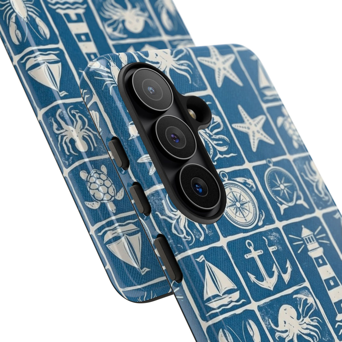 Nautical Tile Phone Case — Blue Coastal Icons (lighthouse, anchor, seashells)