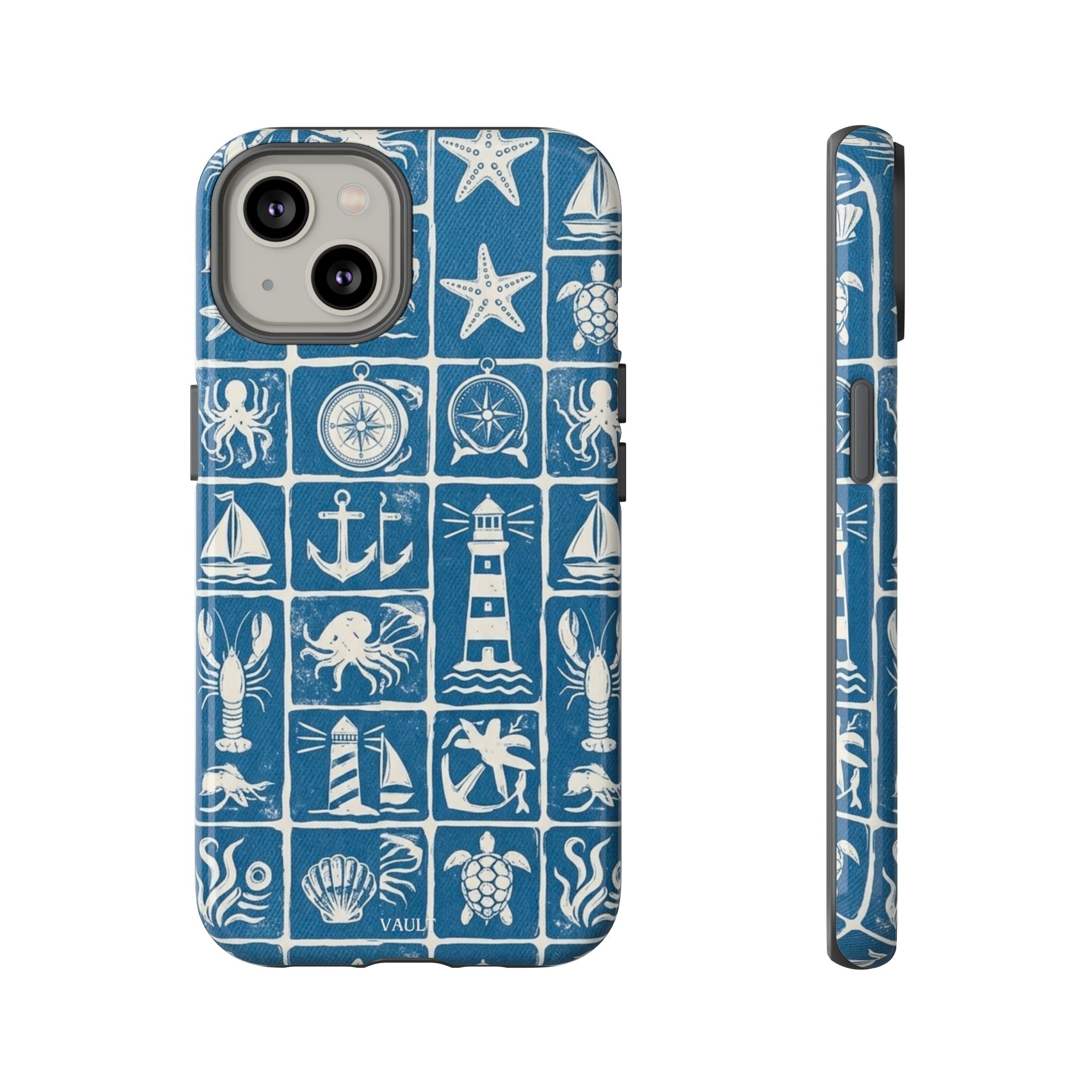 Nautical Tile Phone Case — Blue Coastal Icons (lighthouse, anchor, seashells)
