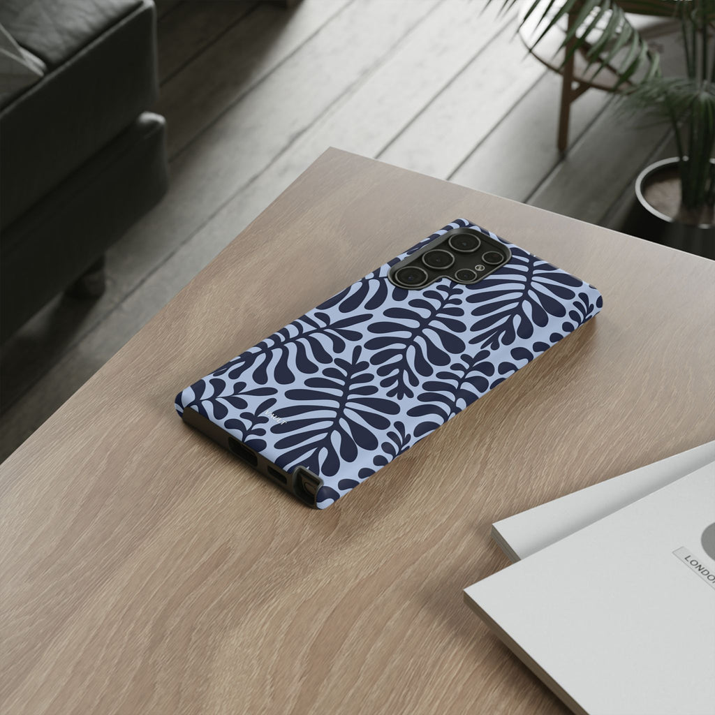 Floral Fern Tough Phone Case – Navy Blue on Light Blue, Protective Slim Cover