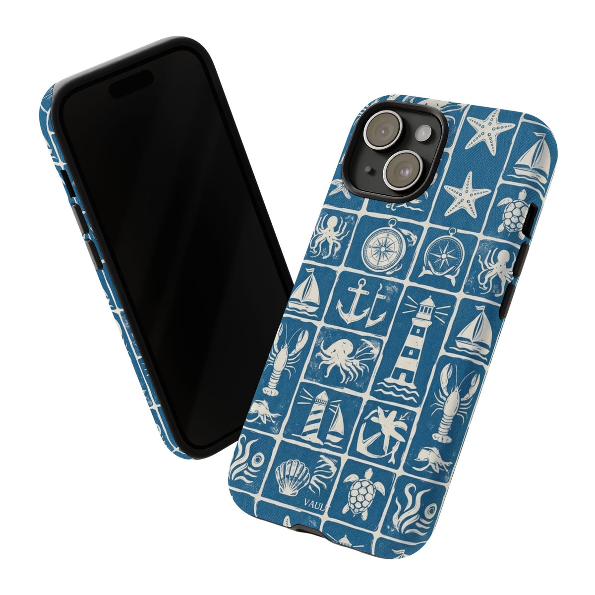 Nautical Tile Phone Case — Blue Coastal Icons (lighthouse, anchor, seashells)