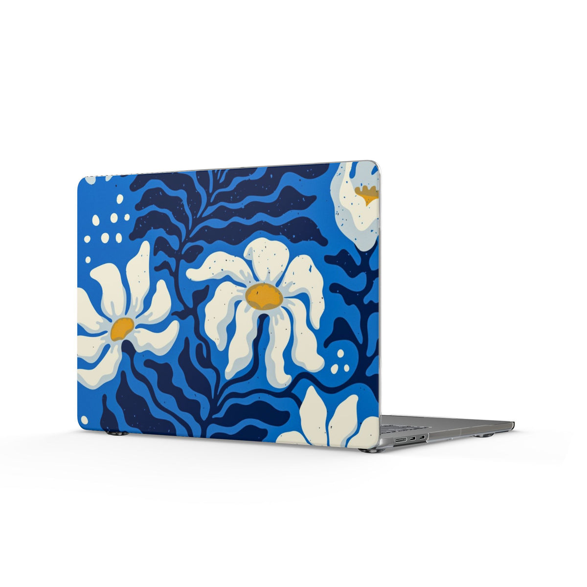 Blue Floral MacBook Case — Bold White Daisies Laptop Cover