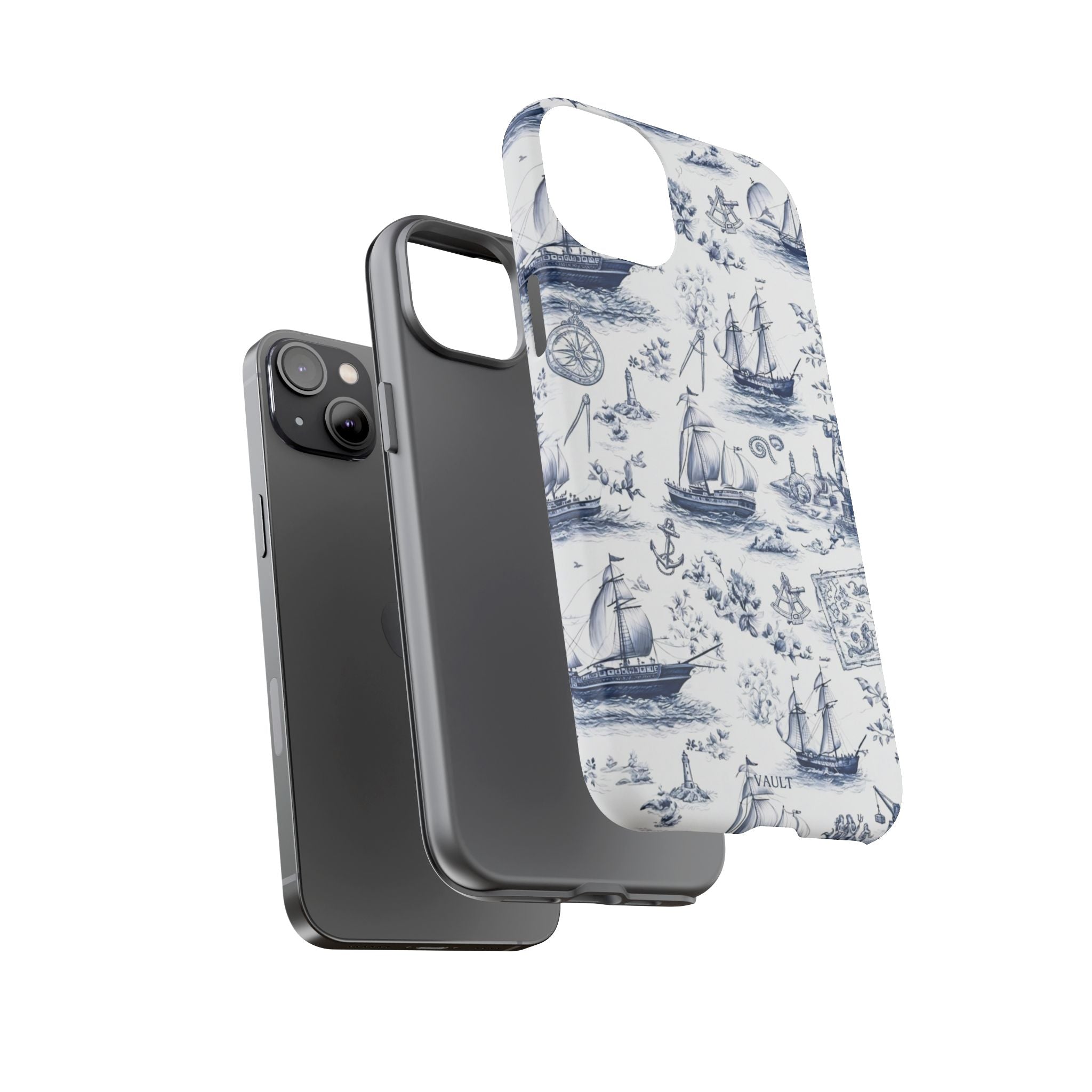 Nautical Vintage Ship Tough Phone Case — Blue Toile Sailboat Pattern