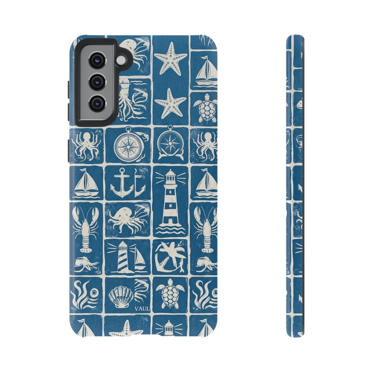 Nautical Tile Phone Case — Blue Coastal Icons (lighthouse, anchor, seashells)