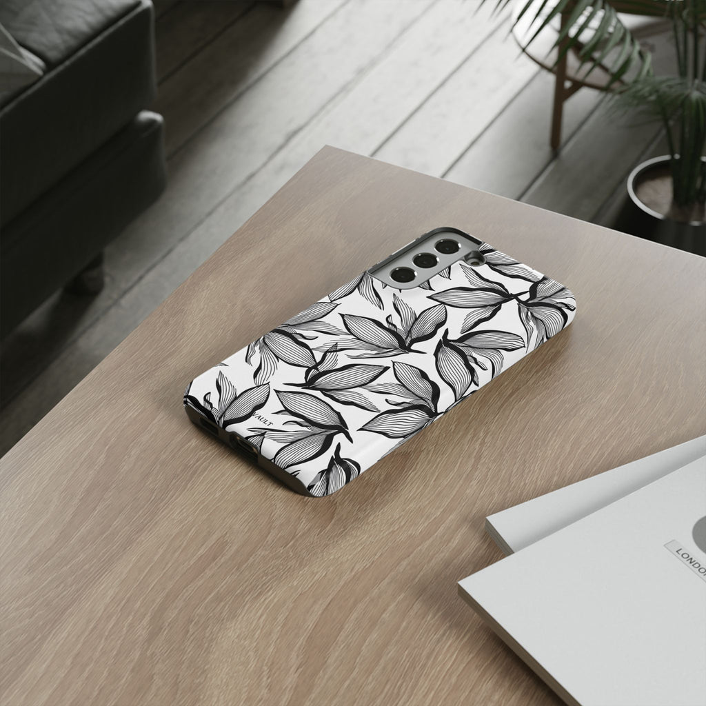 Floral Leaves Tough Phone Case – Black & White Botanical Protection