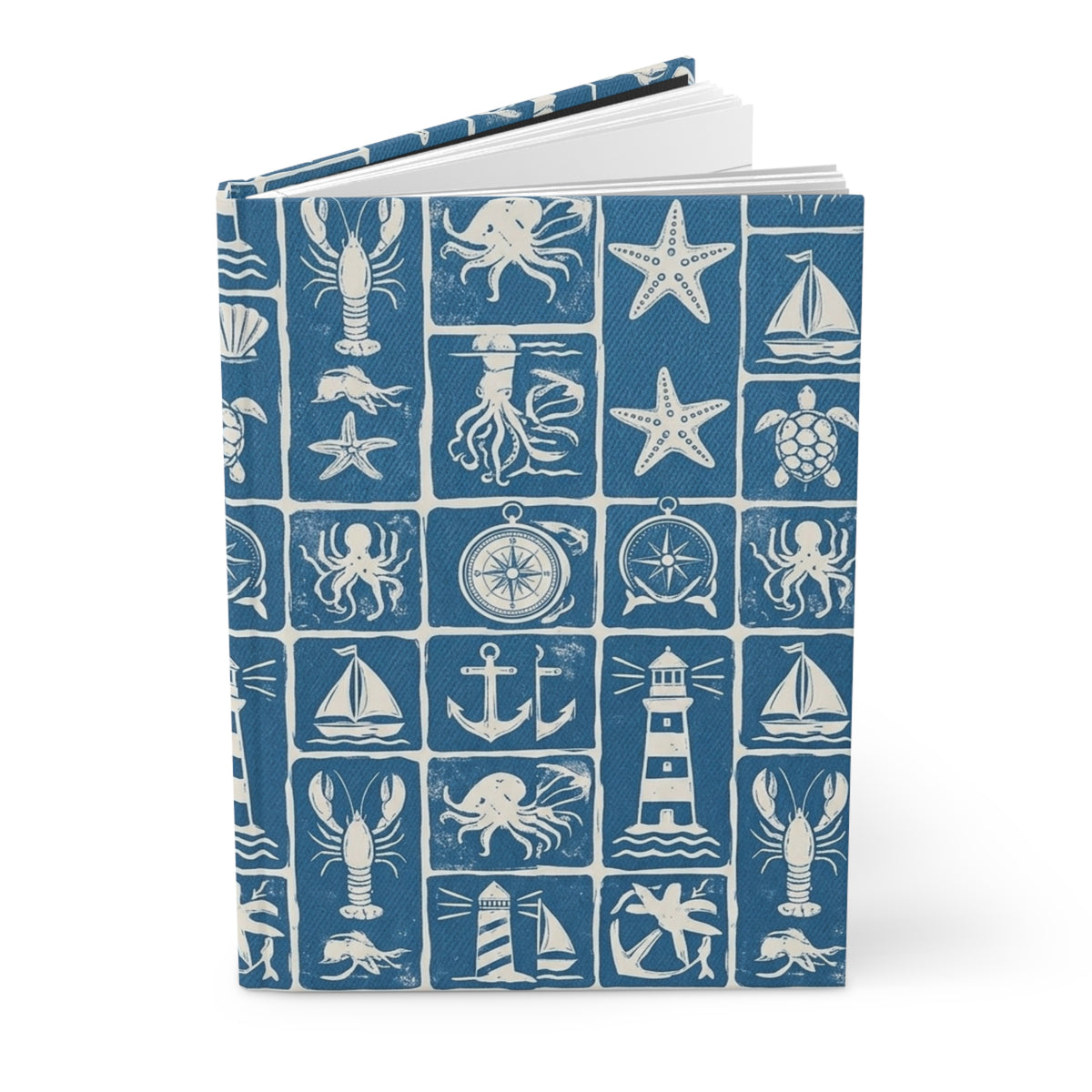 Nautical Icons Hardcover Journal — Compass, Lighthouse & Sea Life Pattern