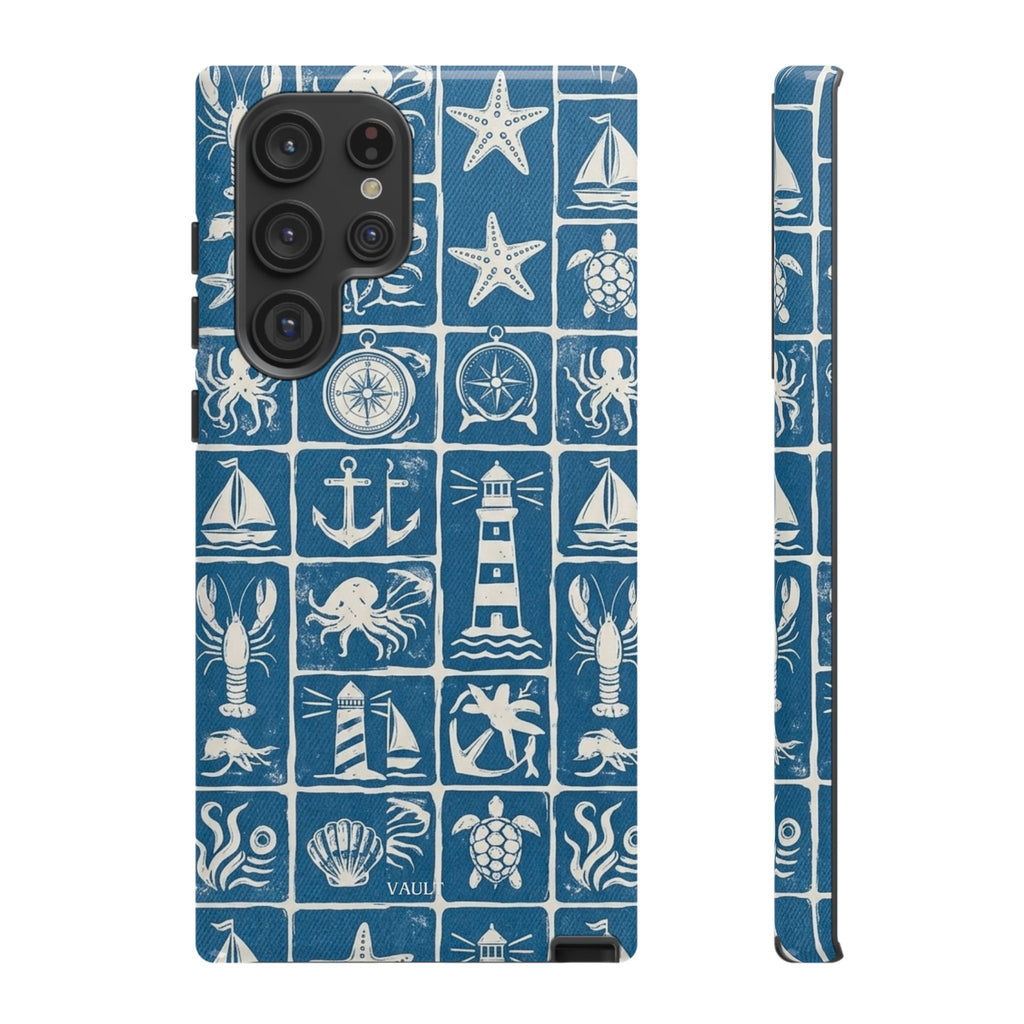 Nautical Tile Phone Case — Blue Coastal Icons (lighthouse, anchor, seashells)