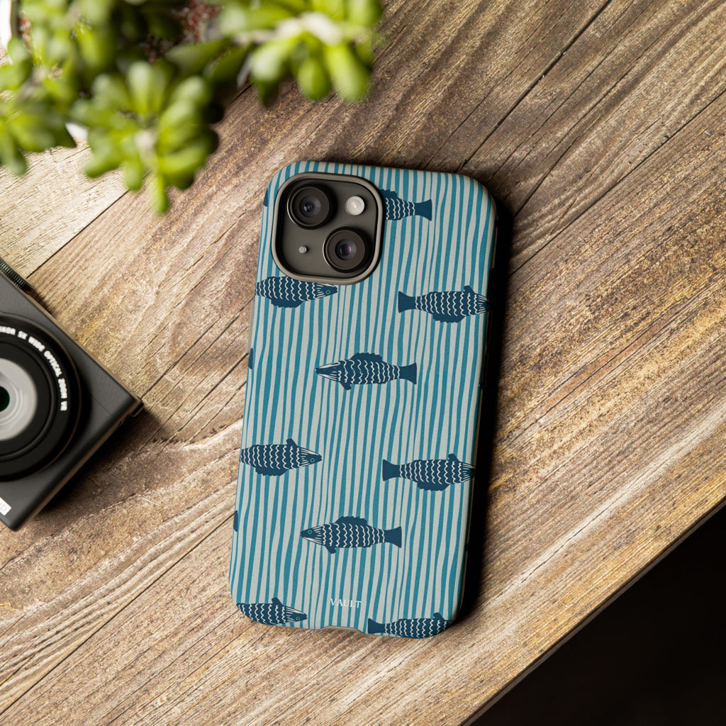 Fish Pattern Tough Phone Case — Blue Striped Ocean Design