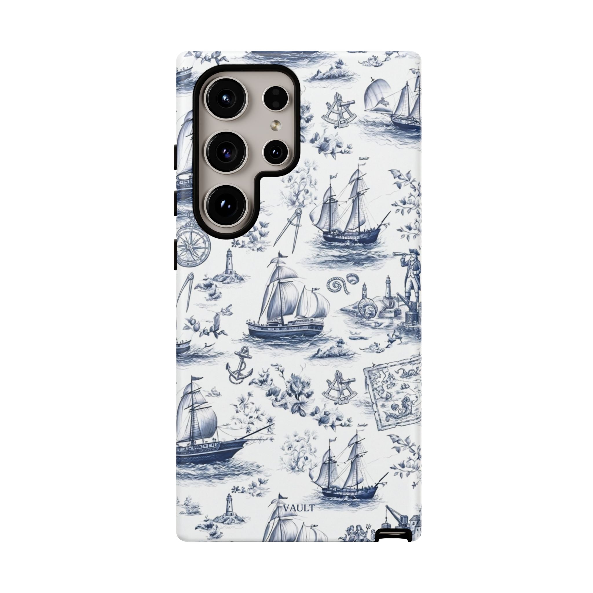 Nautical Vintage Ship Tough Phone Case — Blue Toile Sailboat Pattern