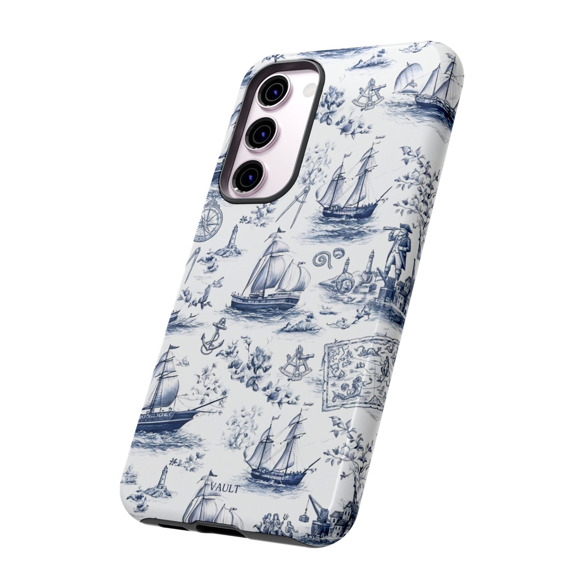 Nautical Vintage Ship Tough Phone Case — Blue Toile Sailboat Pattern