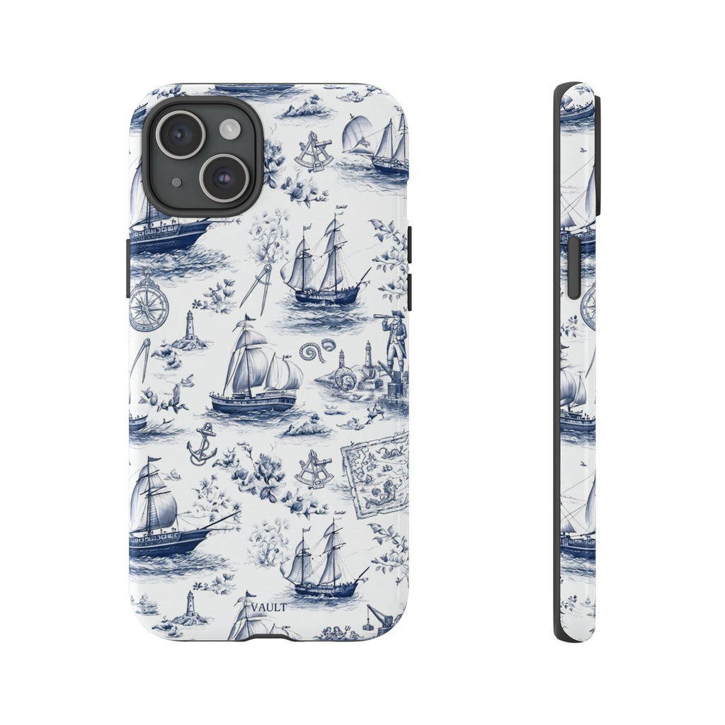 Nautical Vintage Ship Tough Phone Case — Blue Toile Sailboat Pattern