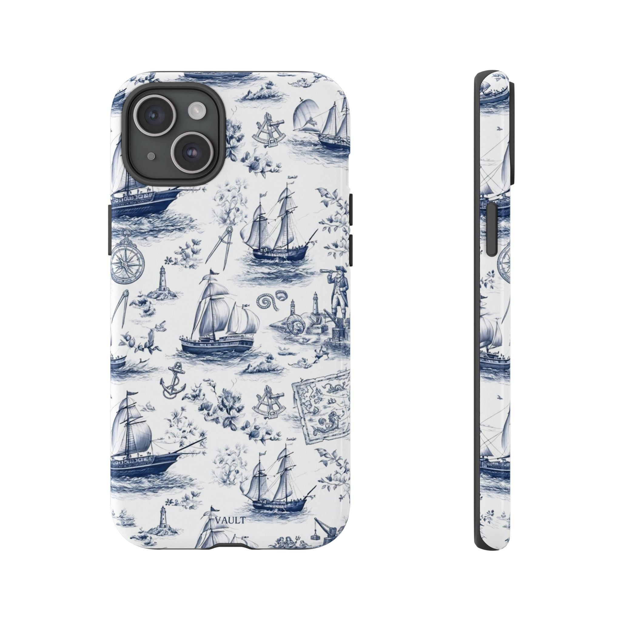 Nautical Vintage Ship Tough Phone Case — Blue Toile Sailboat Pattern
