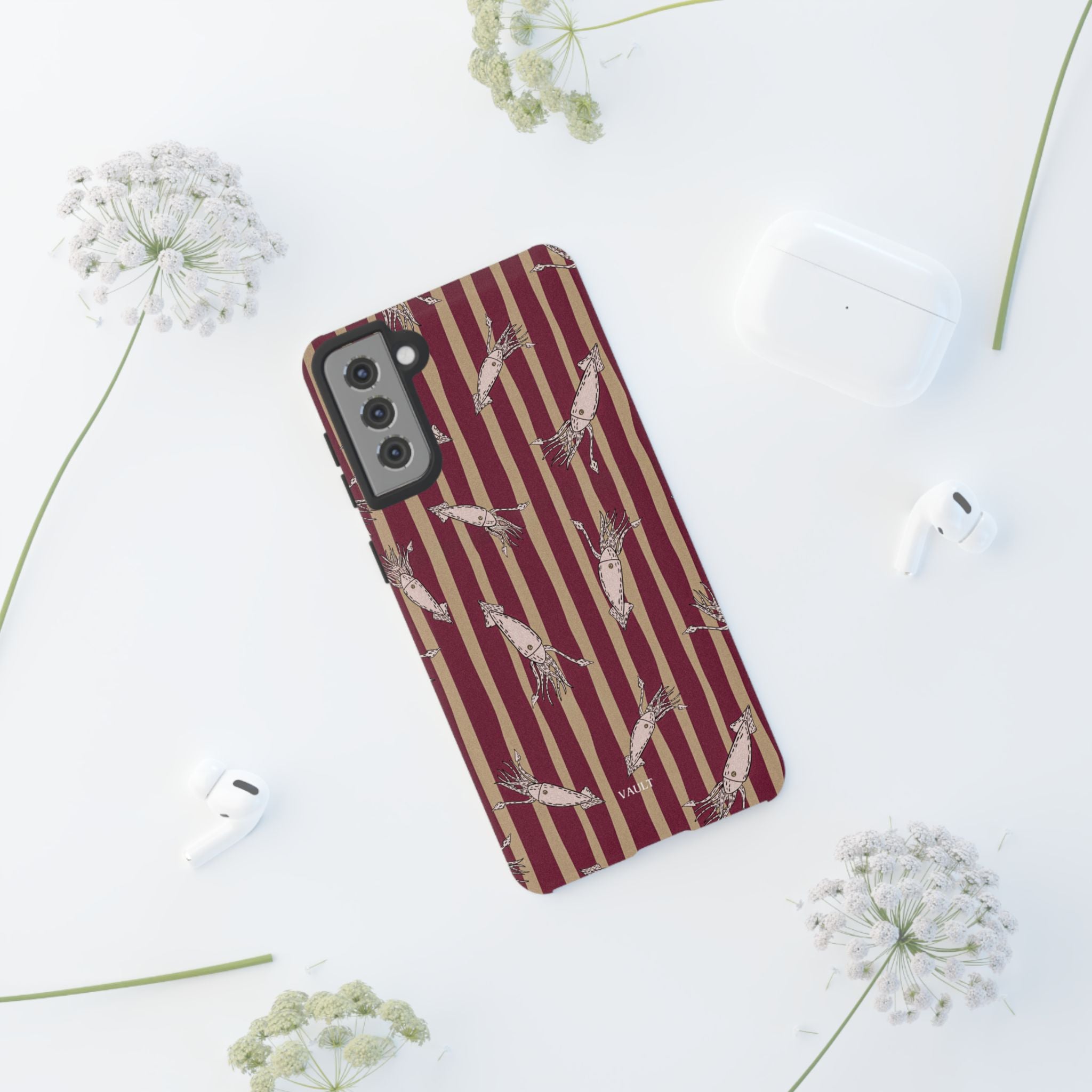 Phone Case - Vintage Shrimp Pattern on Burgundy Stripes