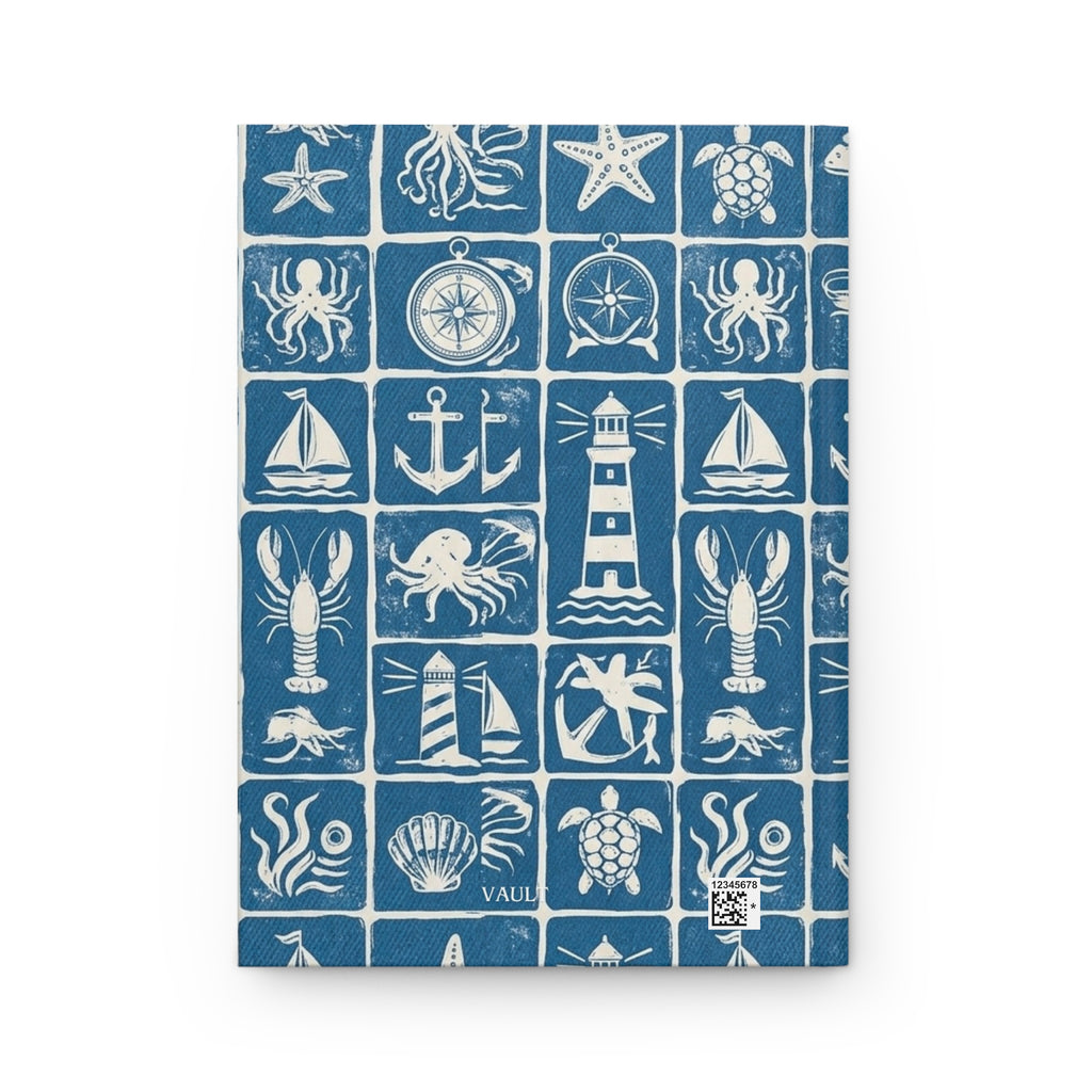 Nautical Icons Hardcover Journal — Compass, Lighthouse & Sea Life Pattern